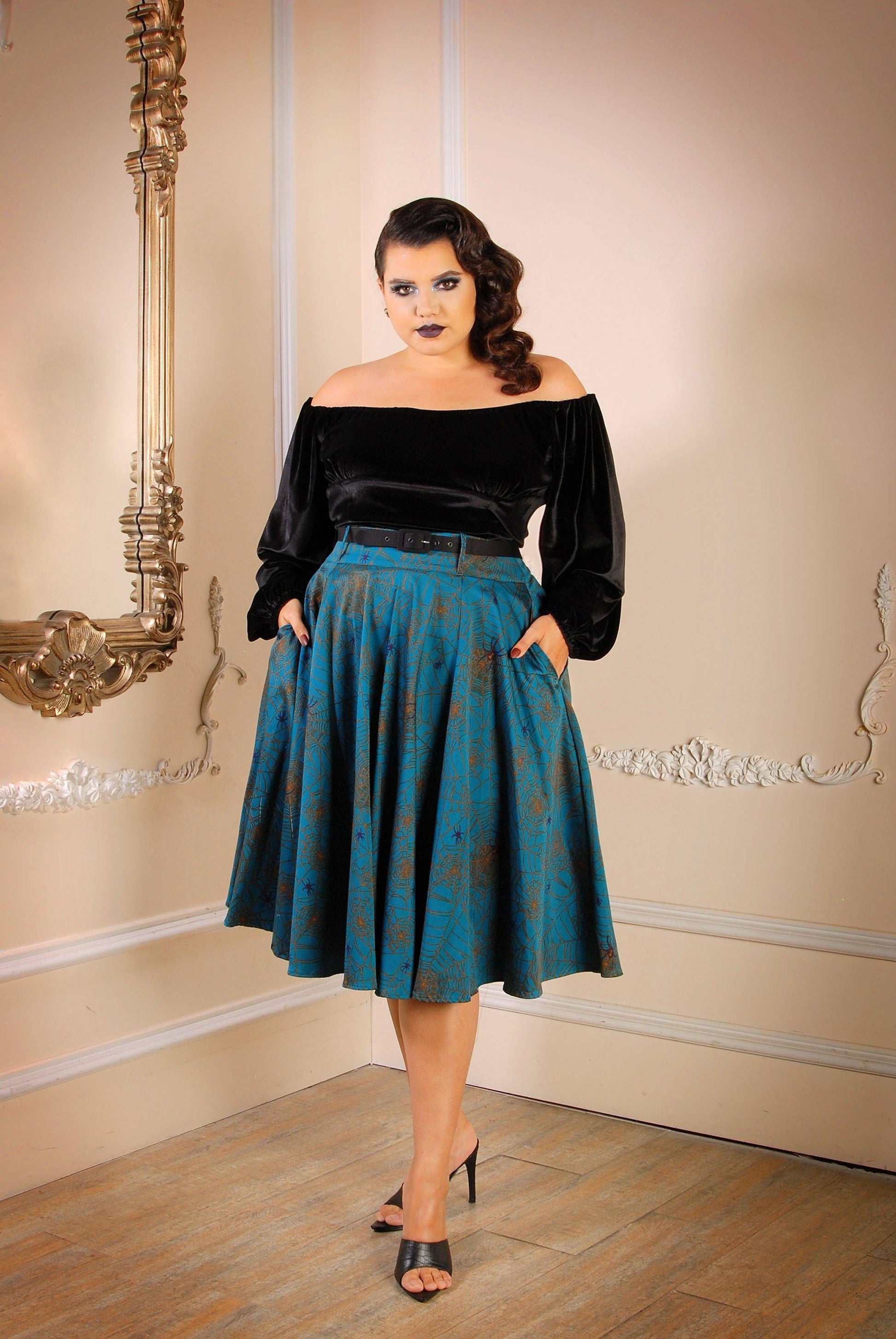 Doris Vintage Swing Skirt with Pockets in Teal Spiderweb Cotton Sateen  |  Pinup Couture - pinupgirlclothing.com