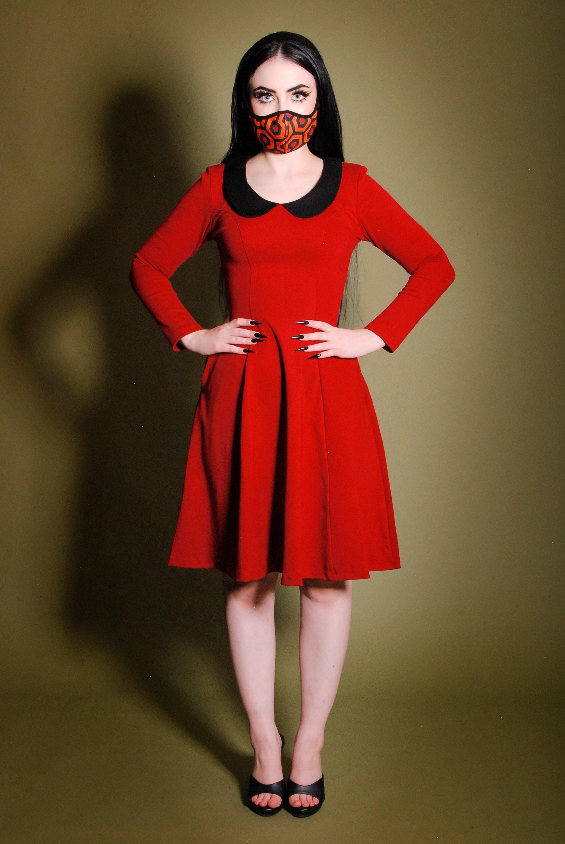 Madison Long Sleeve Dress in Oxblood Ponte with Black Contrast Collar | Pinup Couture - pinupgirlclothing.com