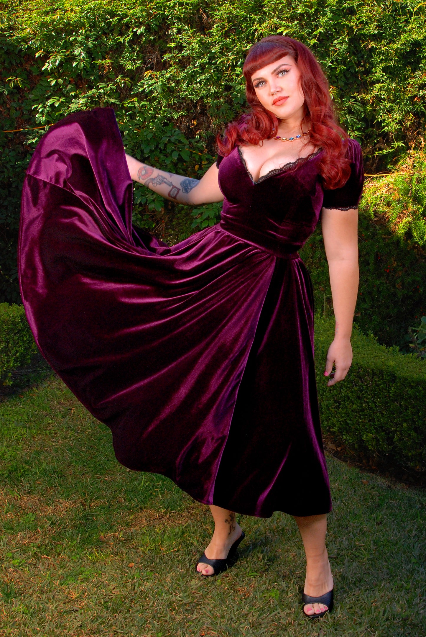Lilith Swing Dress in Eggplant Velvet | Laura Byrnes Design