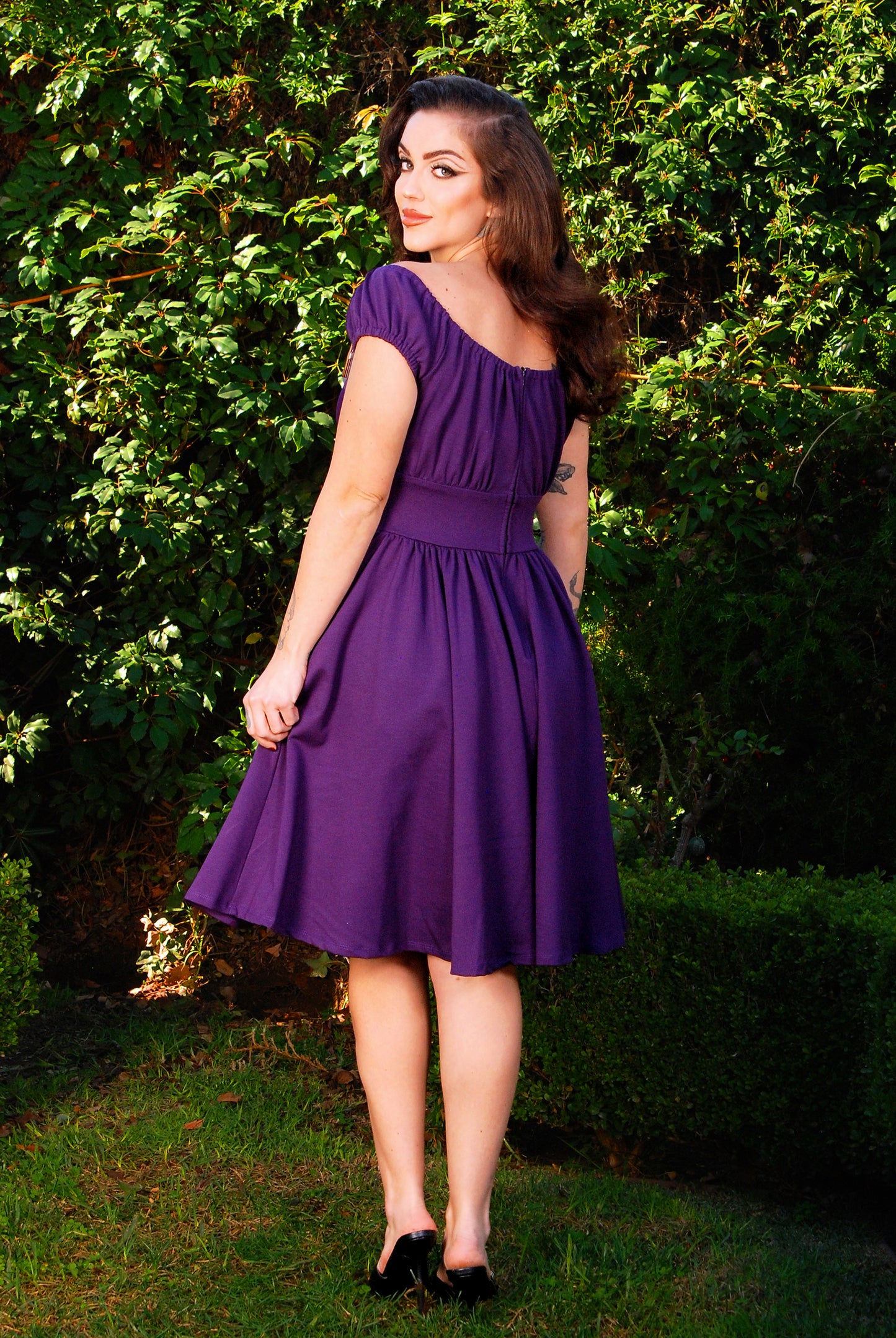 OYS - XS - S - Final Sale - Peasant Dress in Purple Ponte | Pinup Couture