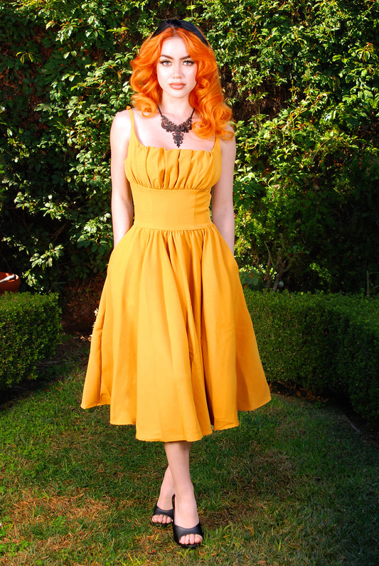 Final Sale - Holly Swing Dress in Mustard Gabardine | Pinup Couture
