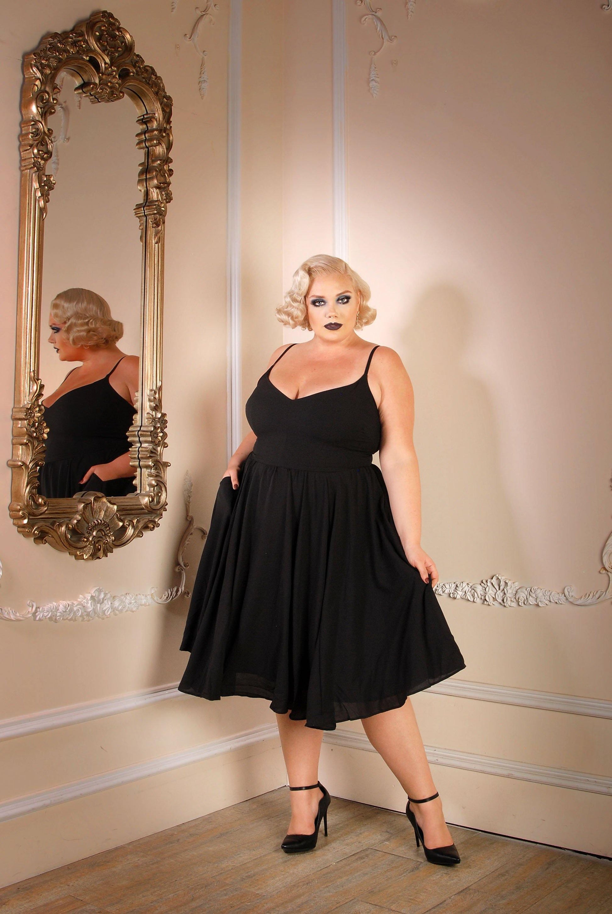 Final Sale - Amalie Ballerina Swing Dress in Solid Black Crepe | Pinup Couture - pinupgirlclothing.com