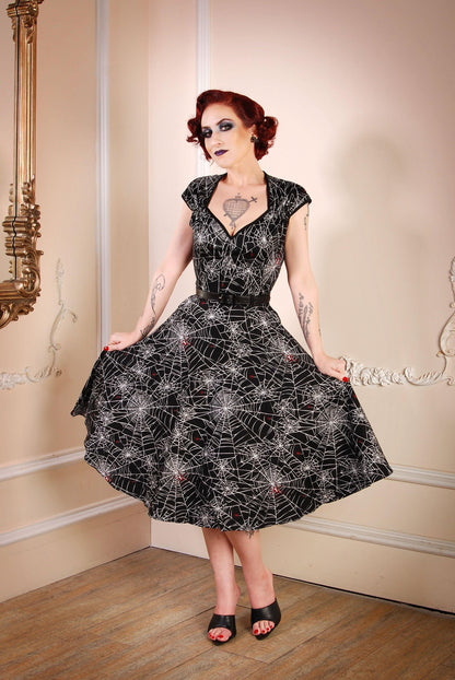 Heidi Vintage A-Line Dress in Black Widow Spiderweb Cotton Sateen | Pinup Couture - pinupgirlclothing.com