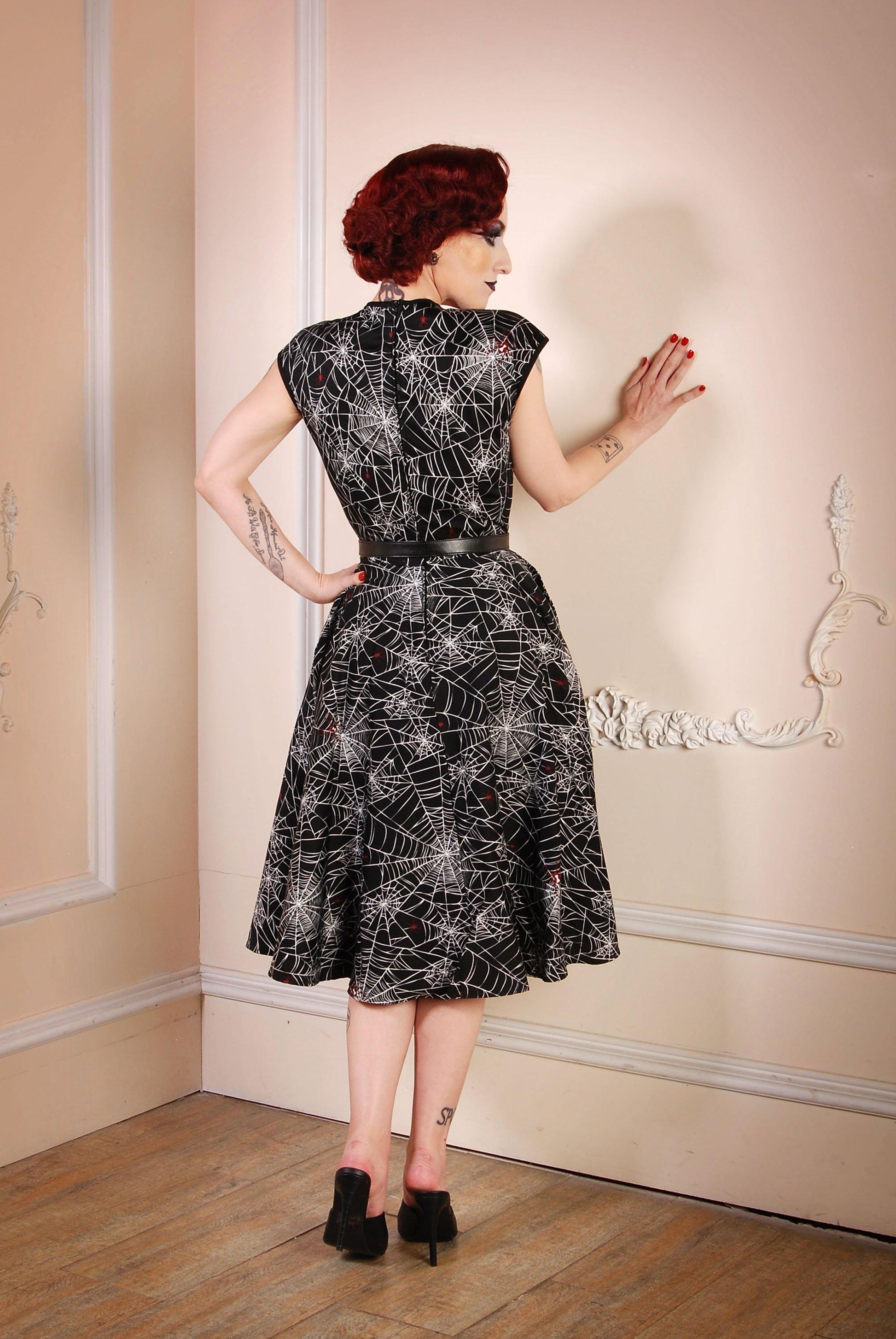 Heidi Vintage A-Line Dress in Black Widow Spiderweb Cotton Sateen | Pinup Couture - pinupgirlclothing.com