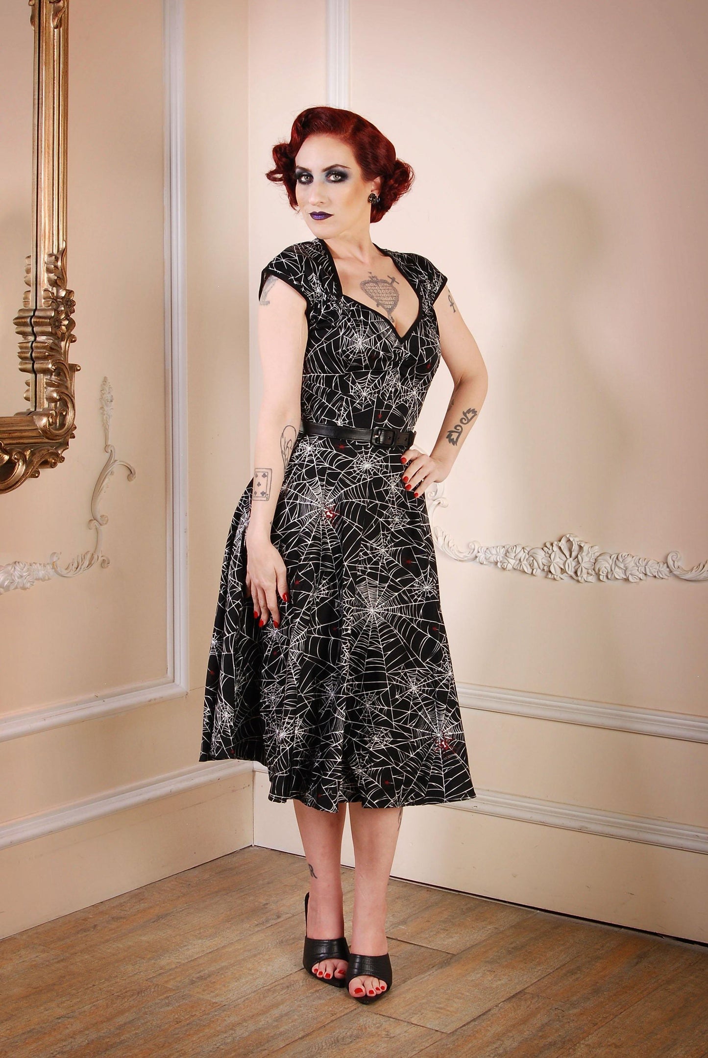 Heidi Vintage A-Line Dress in Black Widow Spiderweb Cotton Sateen | Pinup Couture - pinupgirlclothing.com