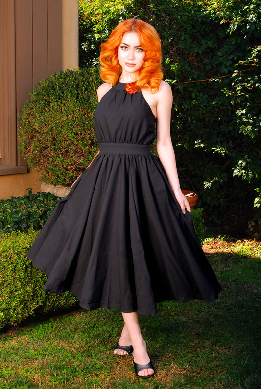 Final Sale - Maybelle Gathered Swing Dress in Solid Black | Laura Byrnes