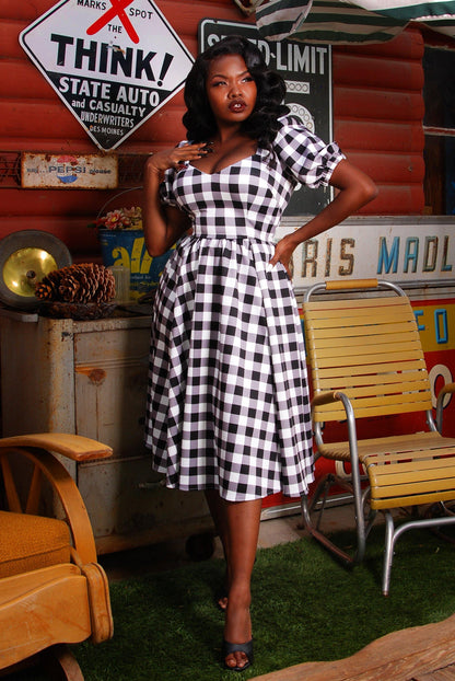 Lucrezia Day Dress in Black Gingham | Laura Byrnes Design - pinupgirlclothing.com