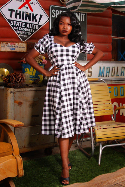 Lucrezia Day Dress in Black Gingham | Laura Byrnes Design - pinupgirlclothing.com