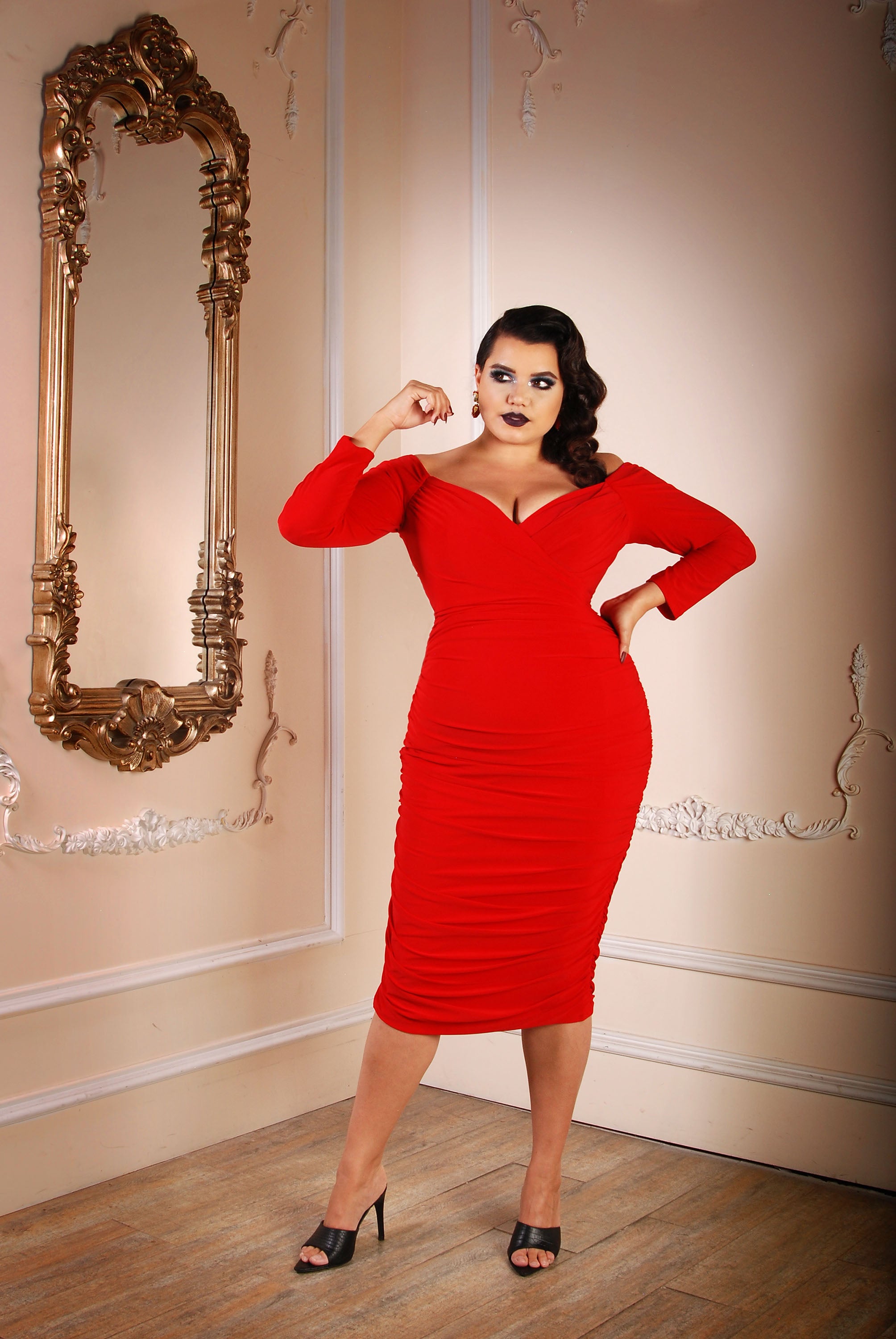 Monica Gathered Shaping Wiggle Dress, Black, Red or Ivory