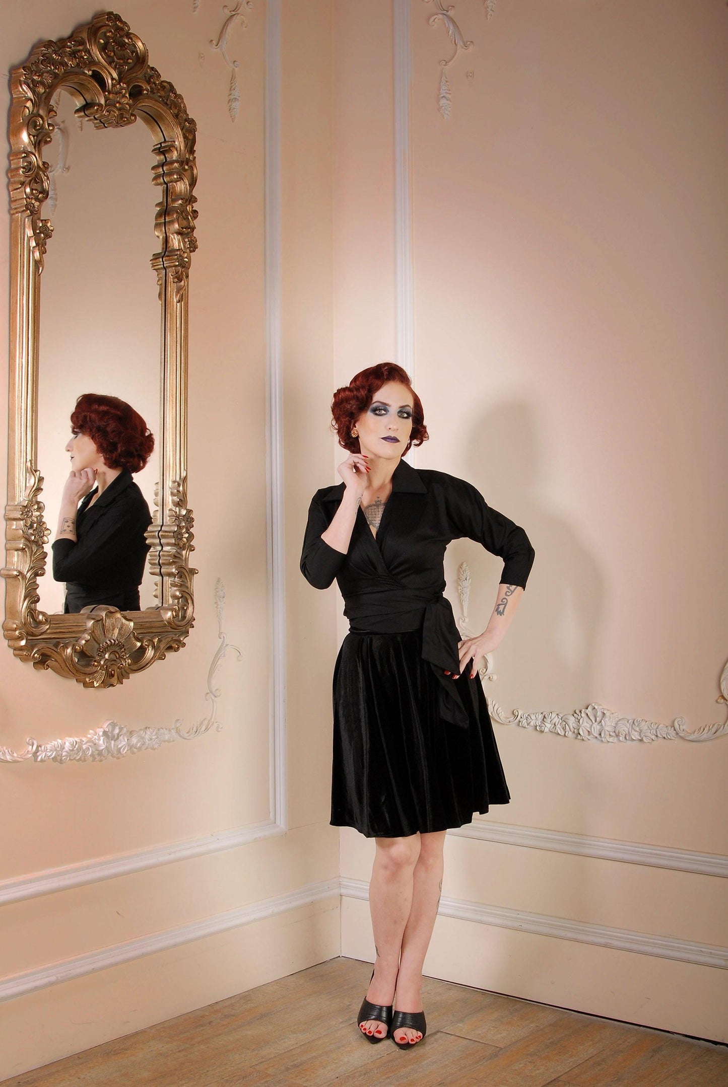 Long Sleeve Wrap Top in Black Cotton Sateen | Couture for Every Body - pinupgirlclothing.com
