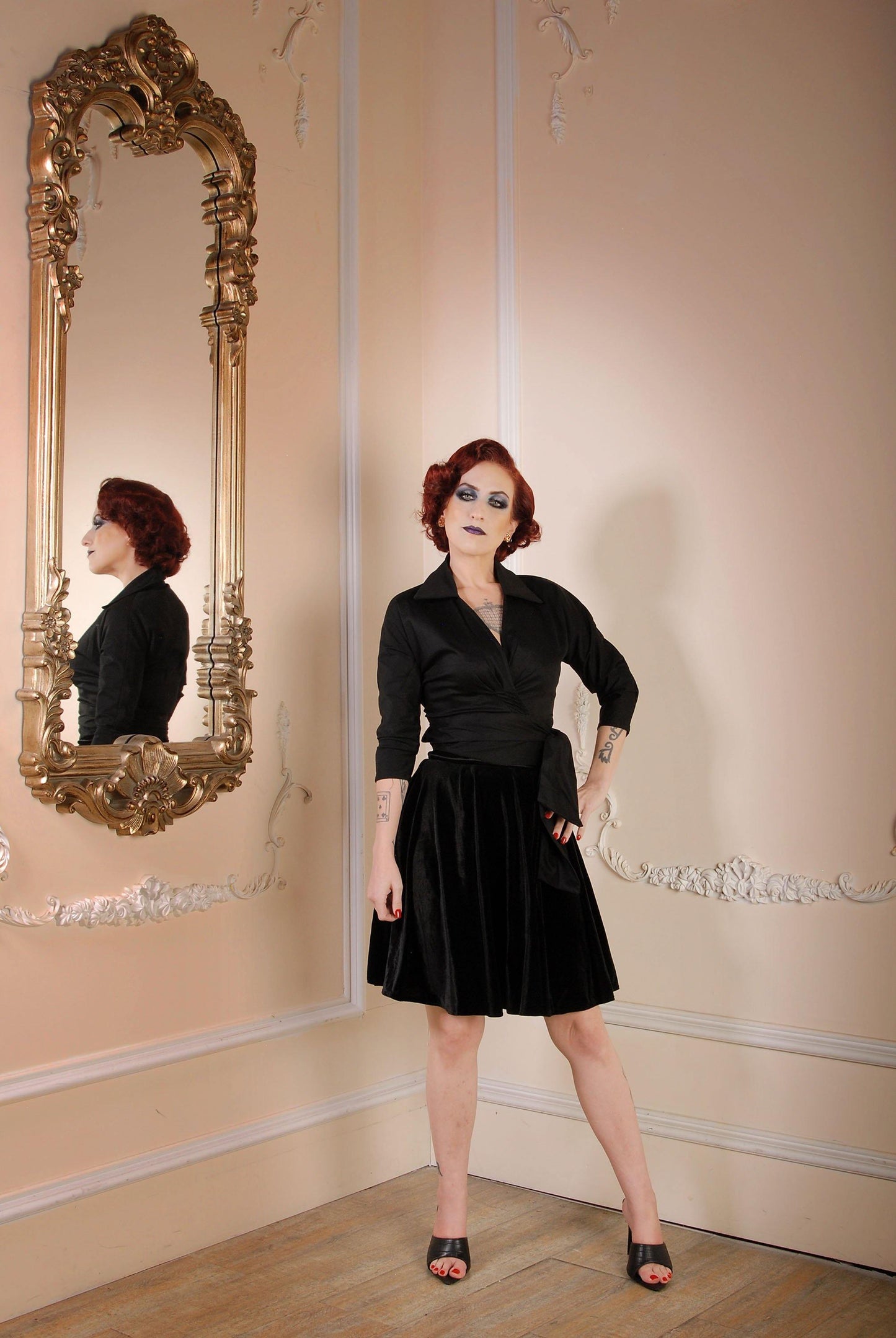 Long Sleeve Wrap Top in Black Cotton Sateen | Couture for Every Body - pinupgirlclothing.com