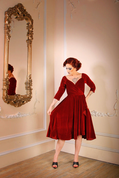 Monica Swing Dress in Cranberry Velvet | Laura Byrnes - pinupgirlclothing.com