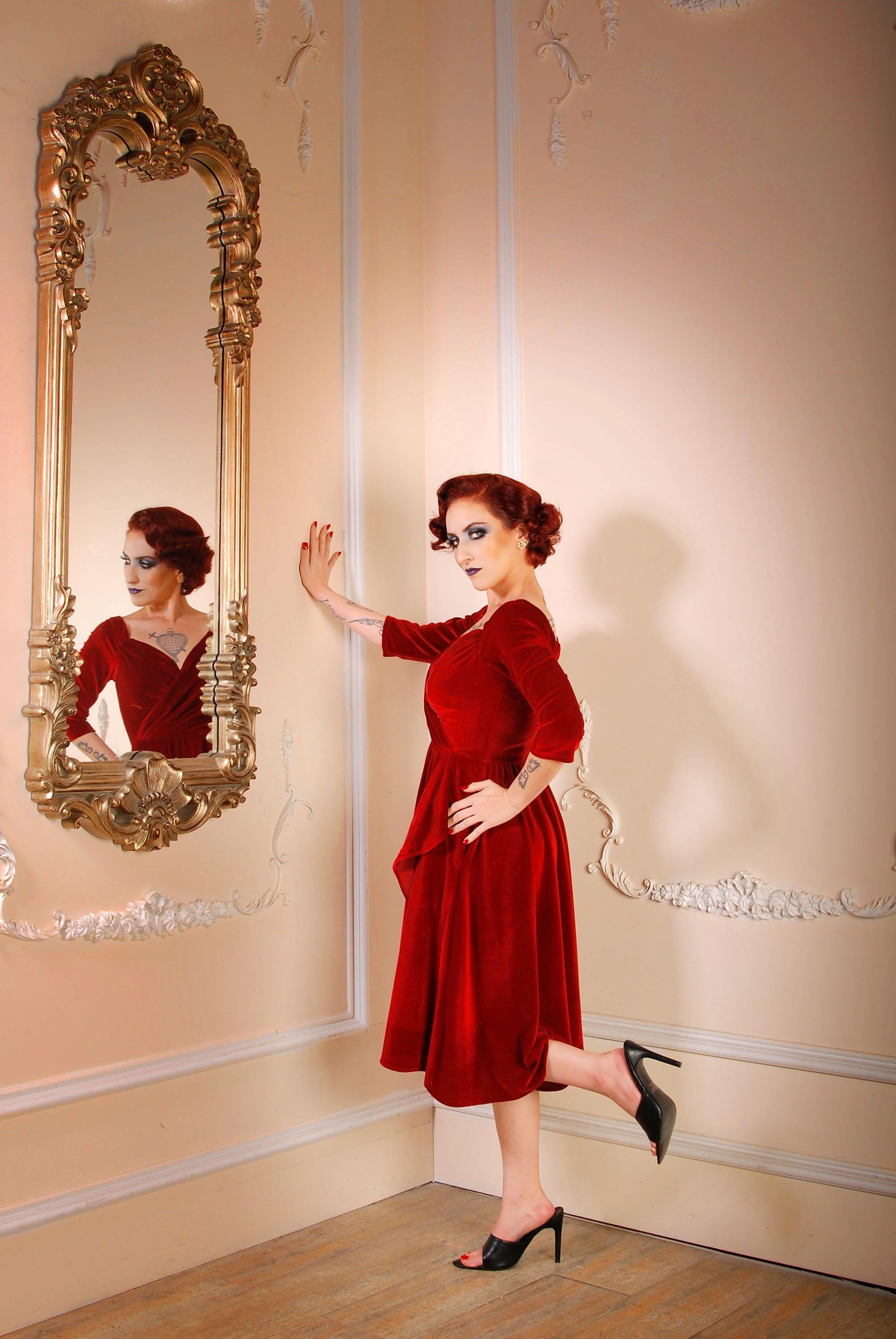 Final Sale Monica Swing Dress in Red Velvet Laura Byrnes pinupgirlclothing