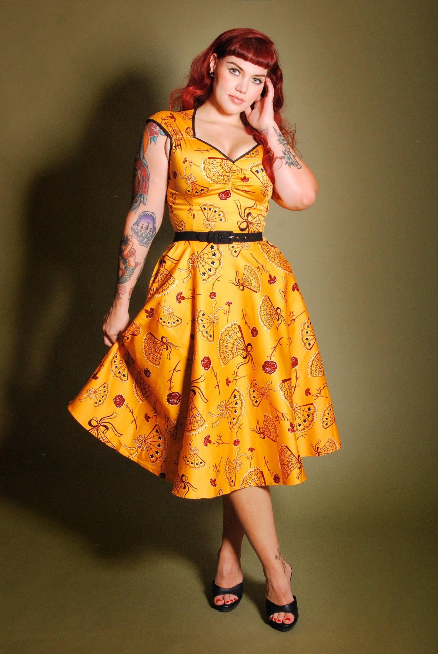 Heidi Dress in Mustard Spanish Fans | Laura Byrnes & Hope Morrison - pinupgirlclothing.com