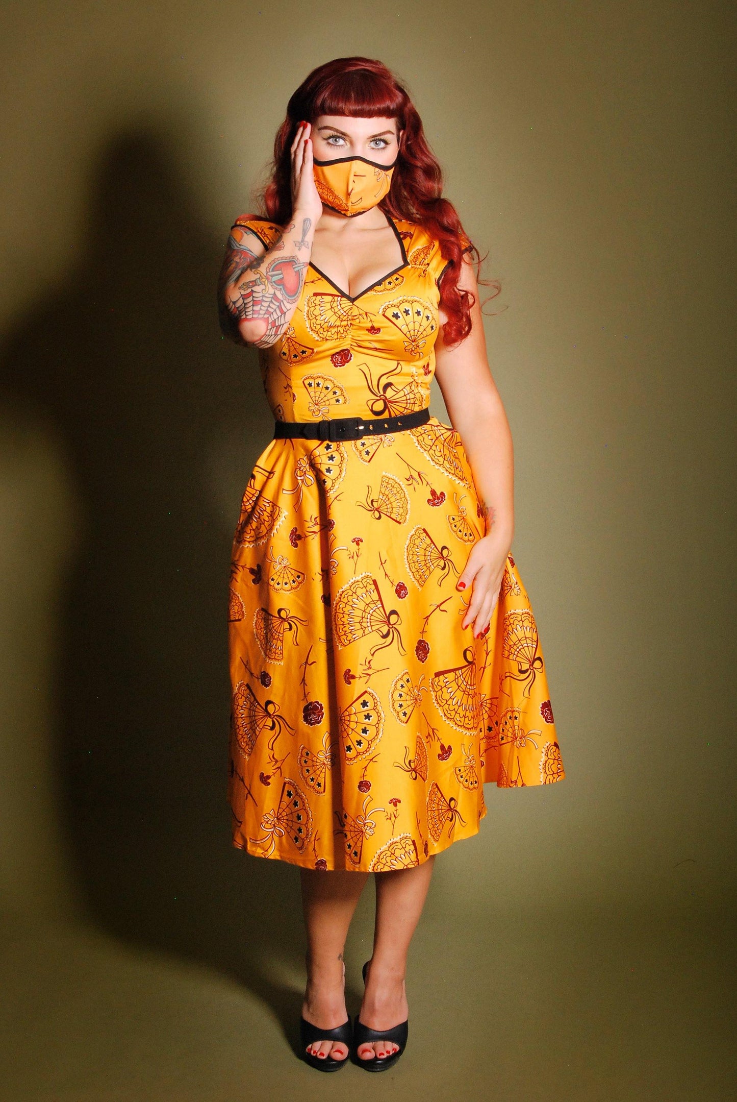 Heidi Dress in Mustard Spanish Fans | Laura Byrnes & Hope Morrison - pinupgirlclothing.com