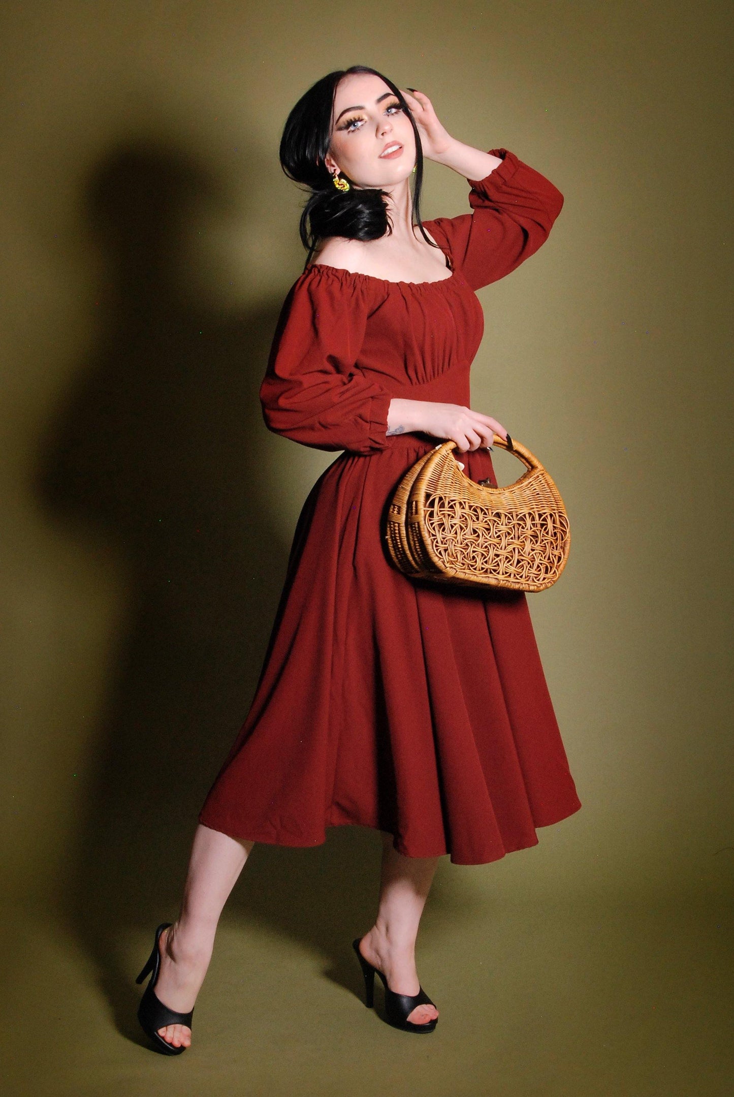 Marie-Thérèse Peasant Dress in Merlot Poly Crepe | Pinup Couture - pinupgirlclothing.com