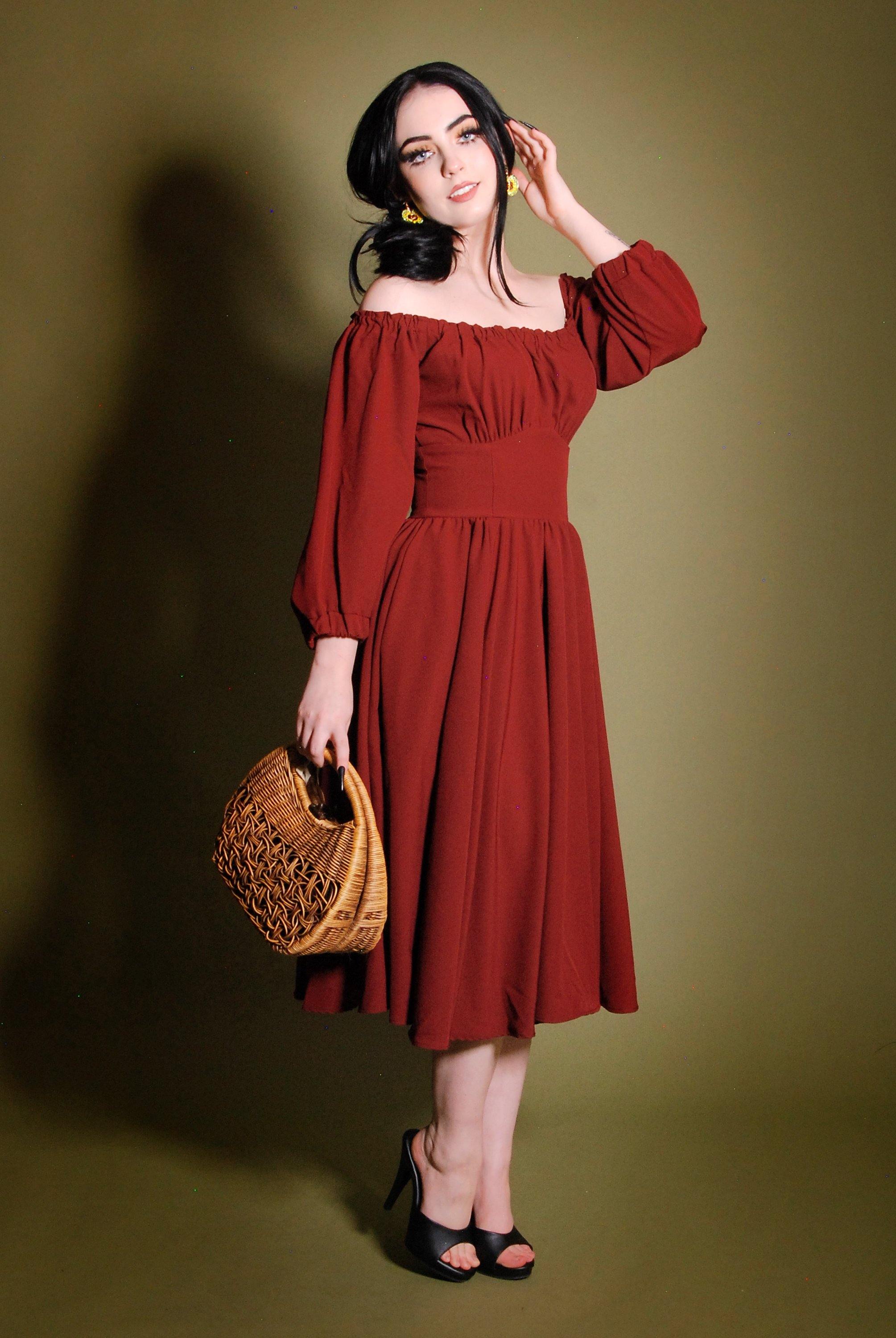 Marie-Thérèse Peasant Dress in Merlot Poly Crepe | Pinup Couture