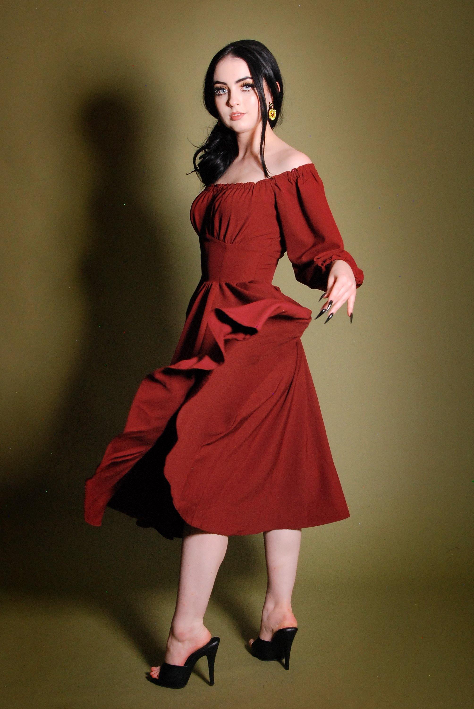 Marie-Thérèse Peasant Dress in Merlot Poly Crepe | Pinup Couture