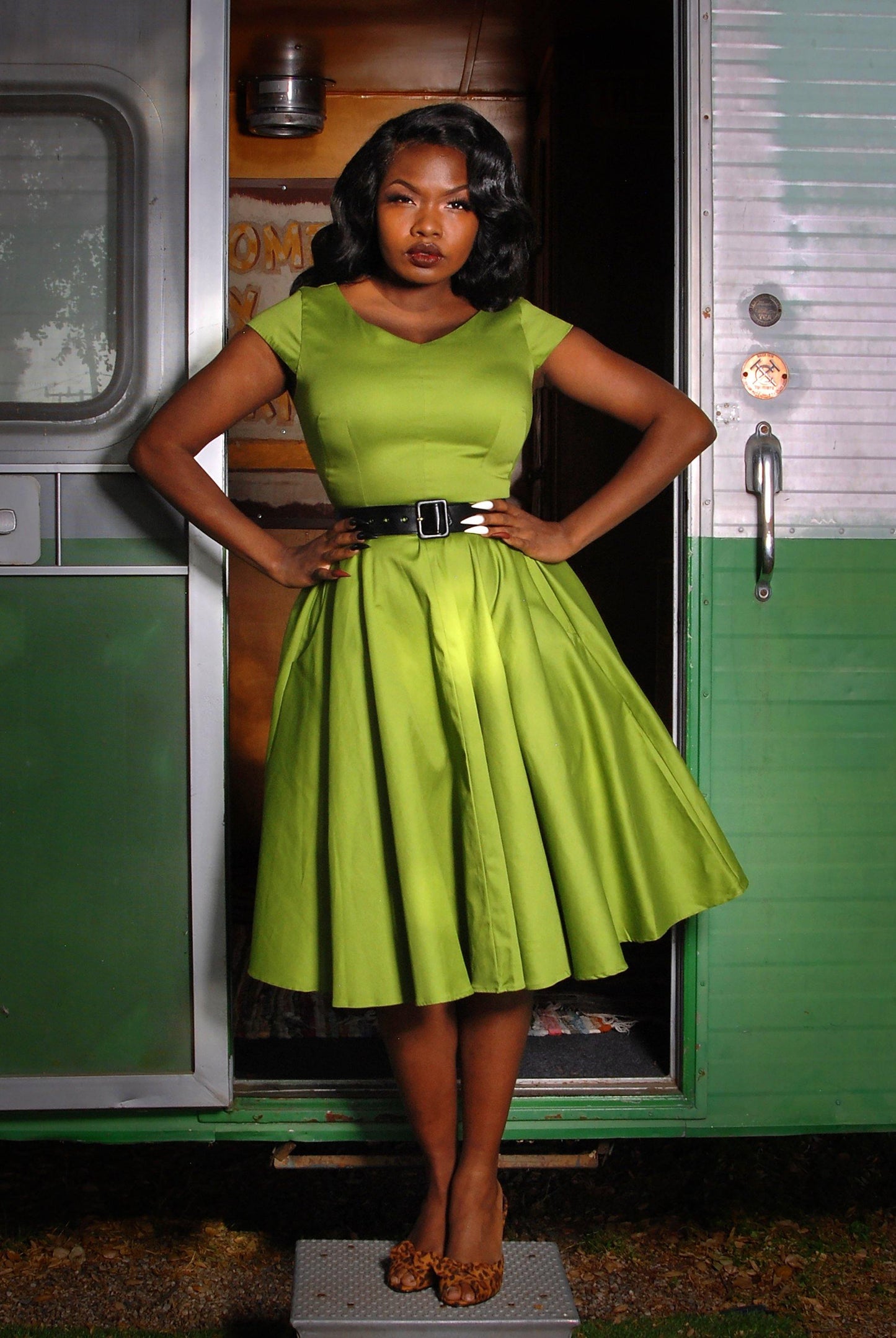 Celia Vintage Swing Dress in Olive Cotton Sateen | Pinup Couture - pinupgirlclothing.com