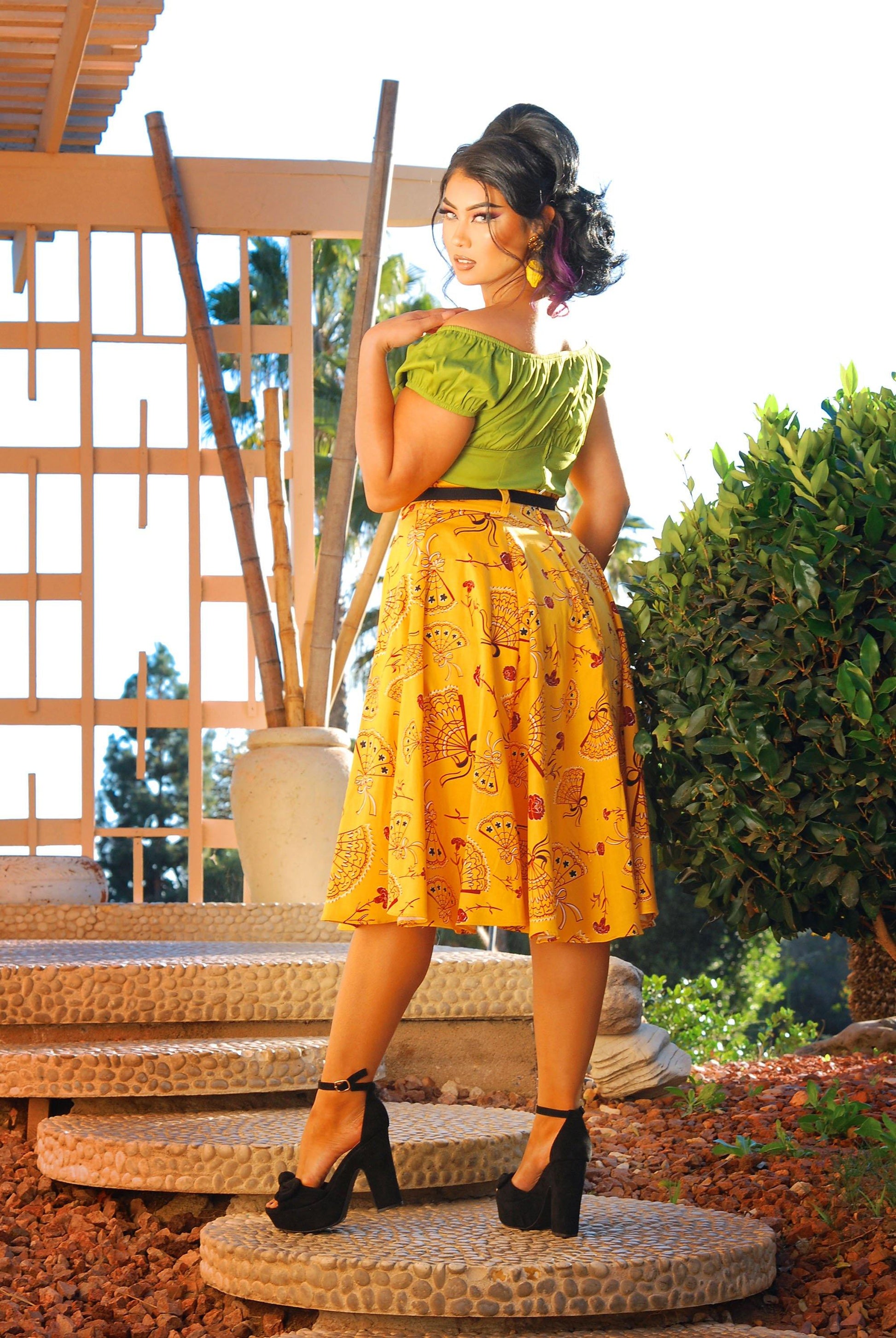 Doris Vintage Swing Skirt in Mustard Spanish Fans | Laura Byrnes & Hope Johnstun - pinupgirlclothing.com