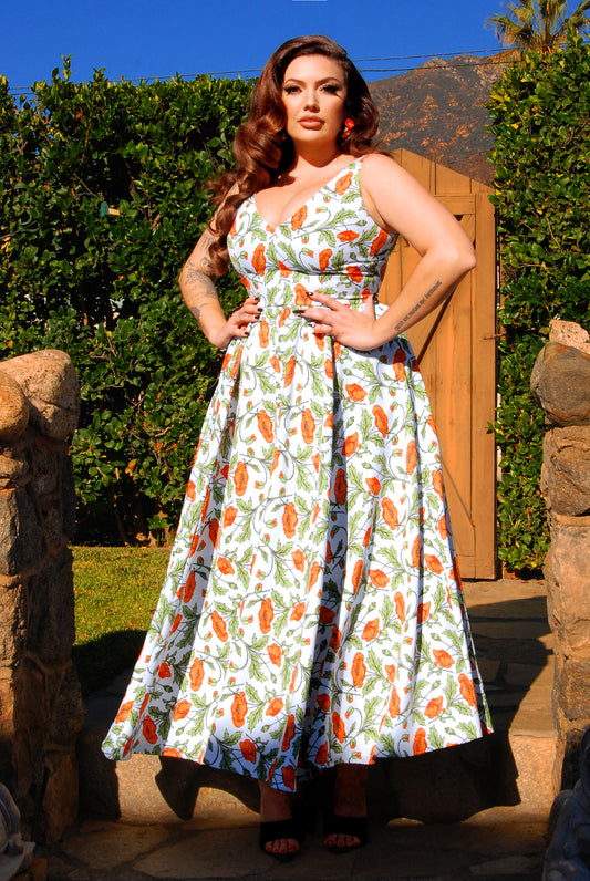 Final Sale - Tara Maxi Day Dress in California Poppies Crepe | Laura Byrnes & Hope Johnstun