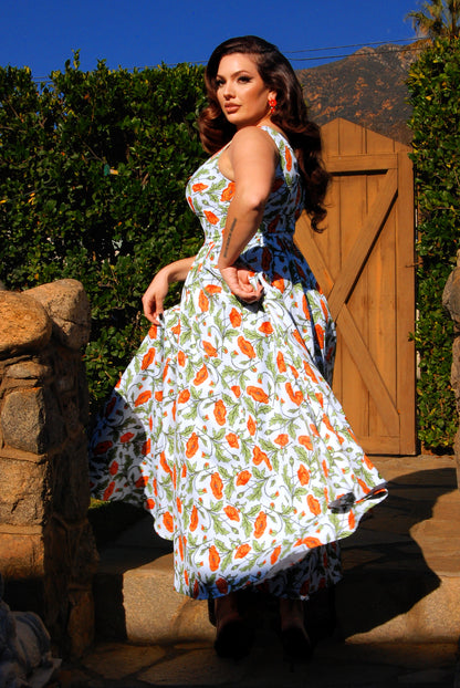 Final Sale - Tara Maxi Day Dress in California Poppies Crepe | Laura Byrnes & Hope Johnstun