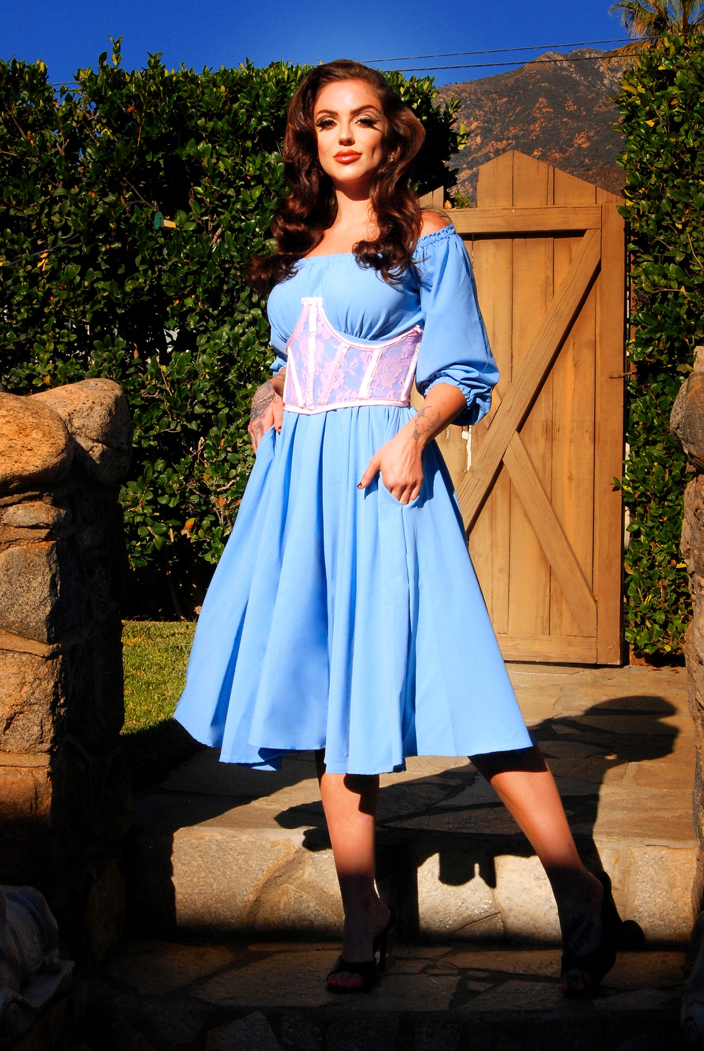 Final Sale - Marie-Thérèse Peasant Dress in Chambray Poly Crepe | Pinup Couture