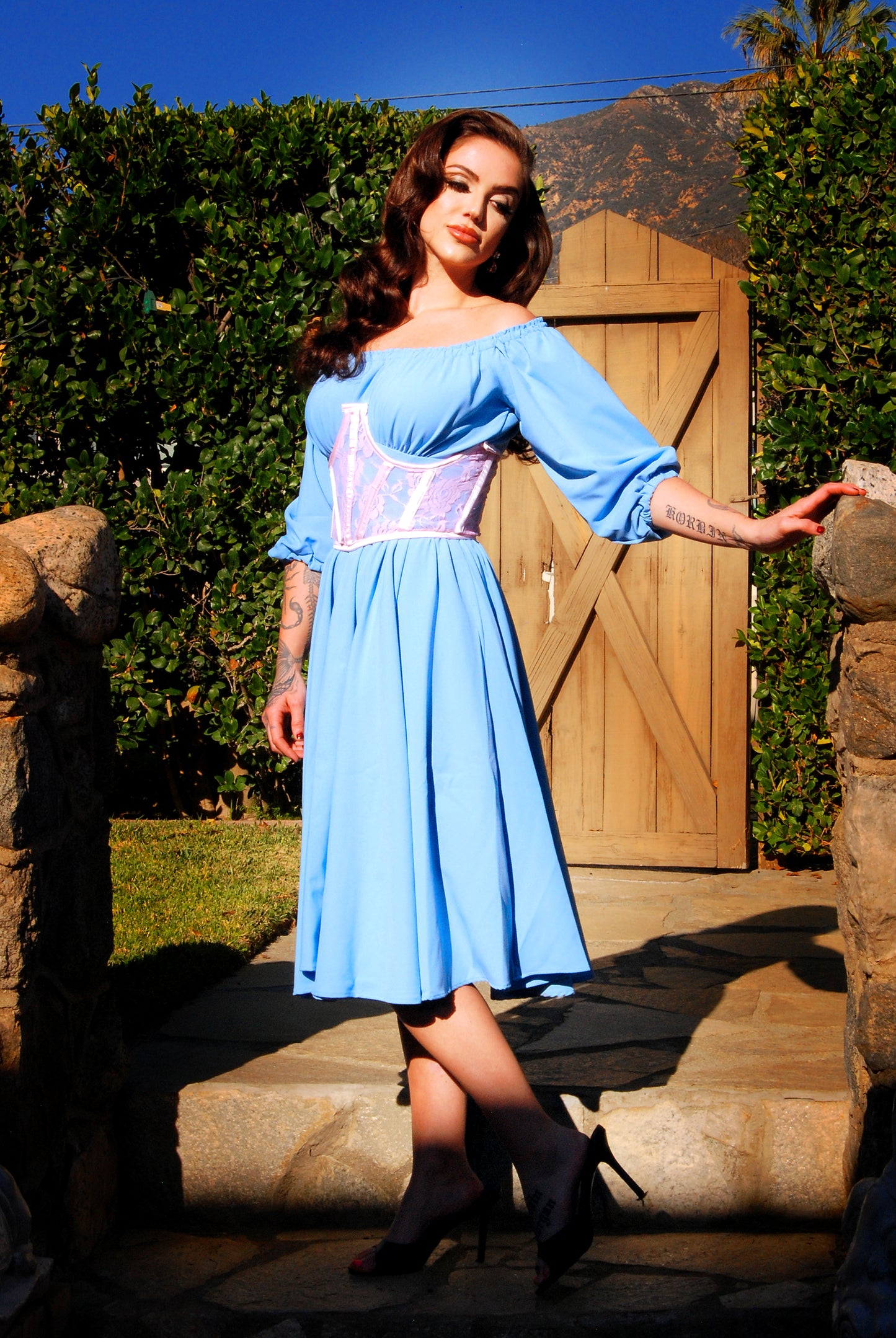 Final Sale - Marie-Thérèse Peasant Dress in Chambray Poly Crepe | Pinup Couture