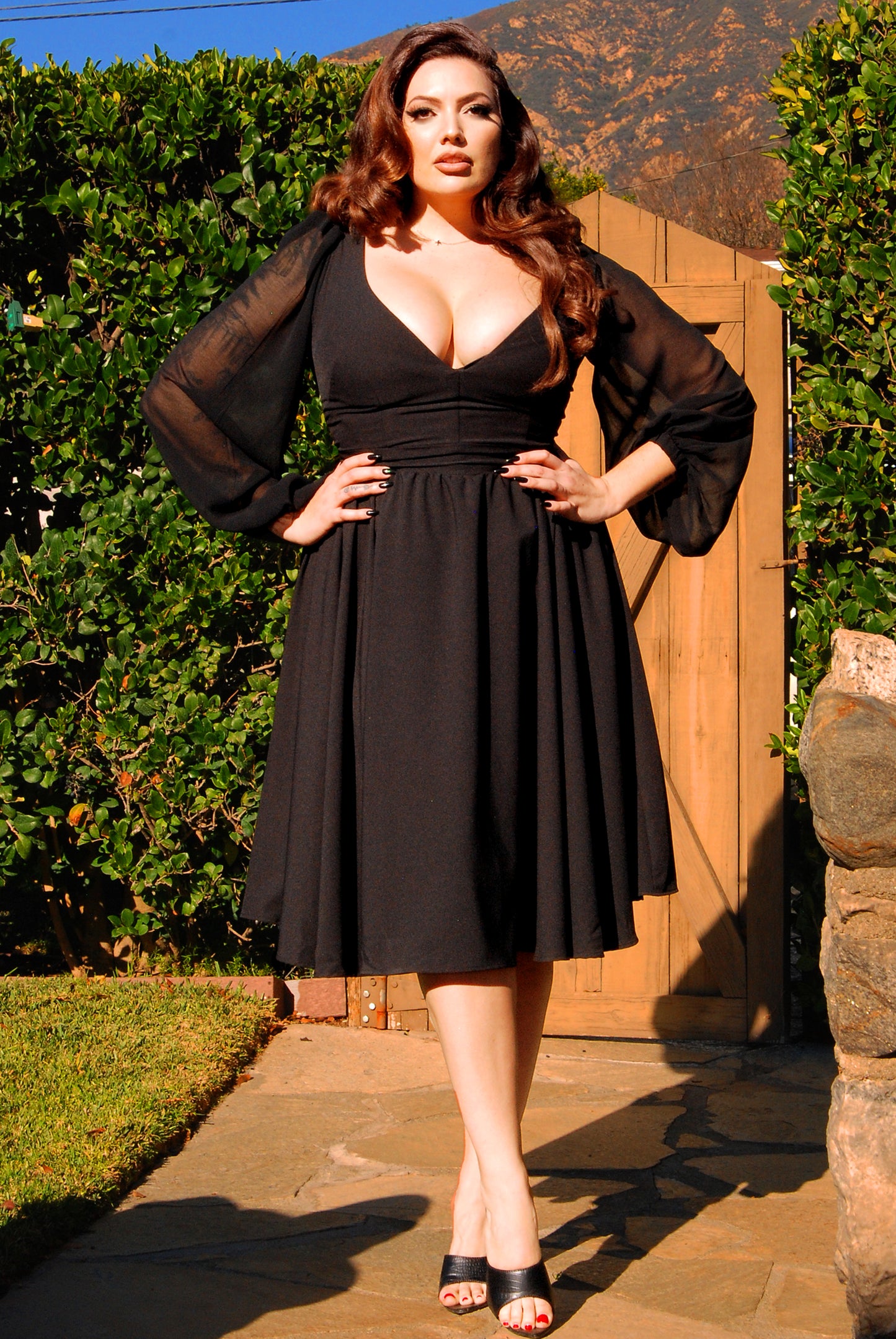 Kara Swing Dress in Black Crepe and Chiffon Sleeves | Laura Byrnes Design