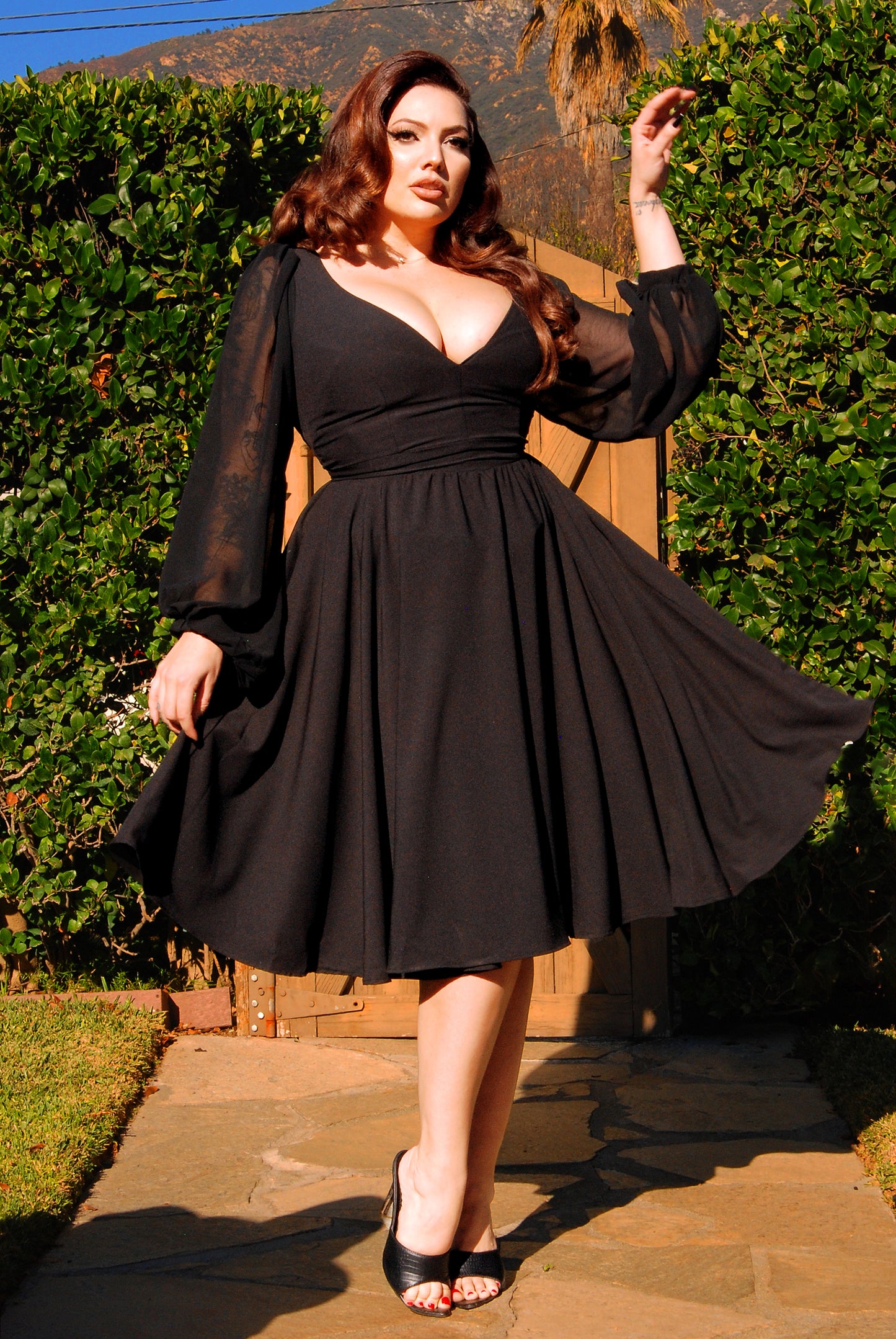 Kara Swing Dress in Black Crepe and Chiffon Sleeves | Laura Byrnes Design