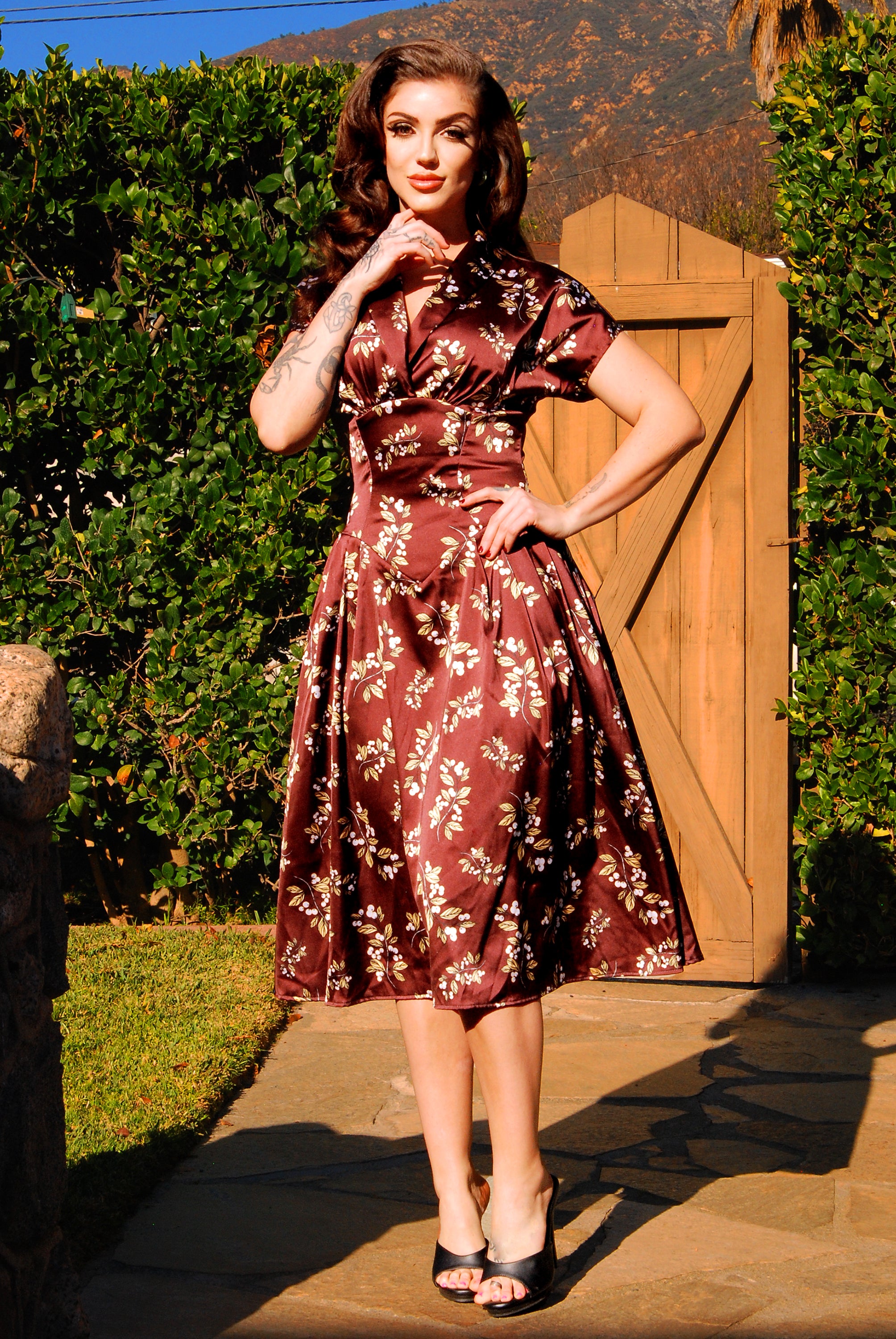 Final Sale - Nadia Swing Dress in Burgundy Juniper Berries Satin