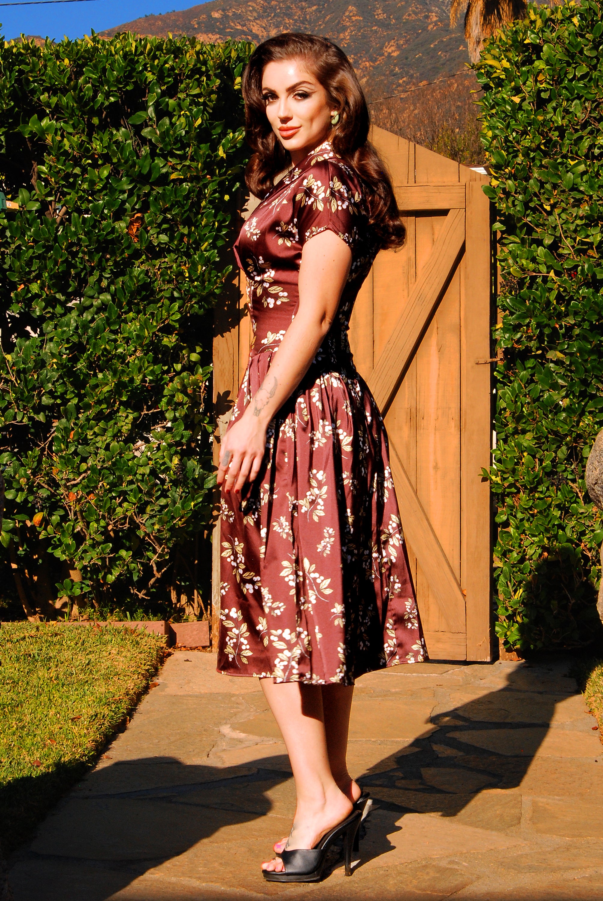 Nadia Swing Dress in Burgundy Juniper Berries Satin | Laura Byrnes