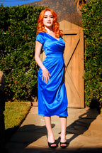Ava Faux Wrap Wiggle Dress in Royal Blue Satin | Pinup Couture