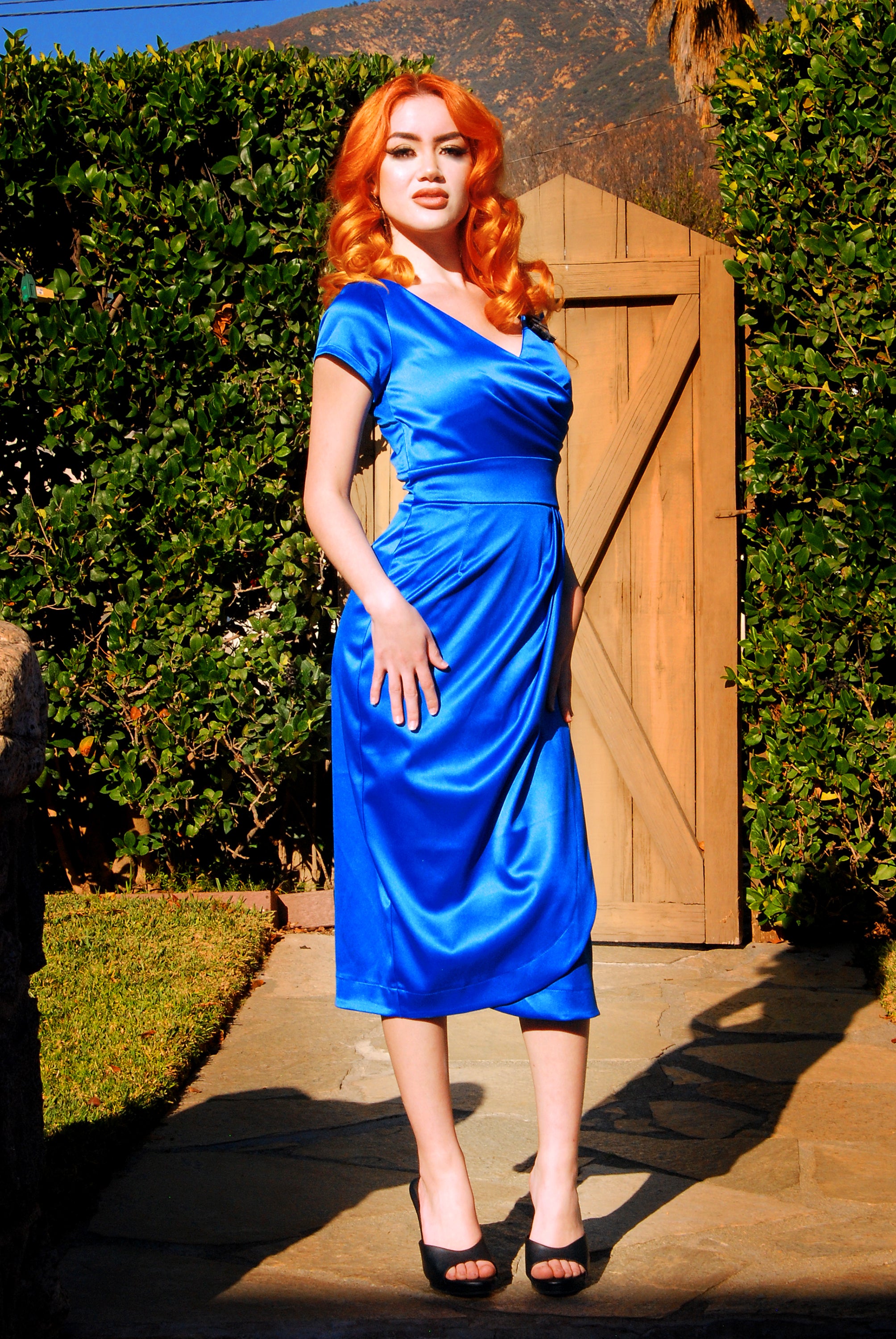 Ava Faux Wrap Wiggle Dress in Royal Blue Satin | Pinup Couture
