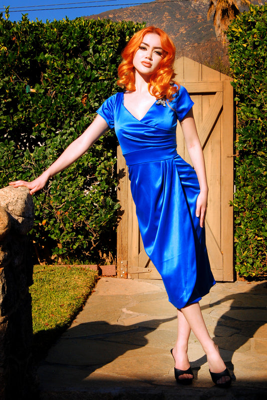 Final Sale - Ava Faux Wrap Wiggle Dress in Royal Blue Satin | Pinup Couture