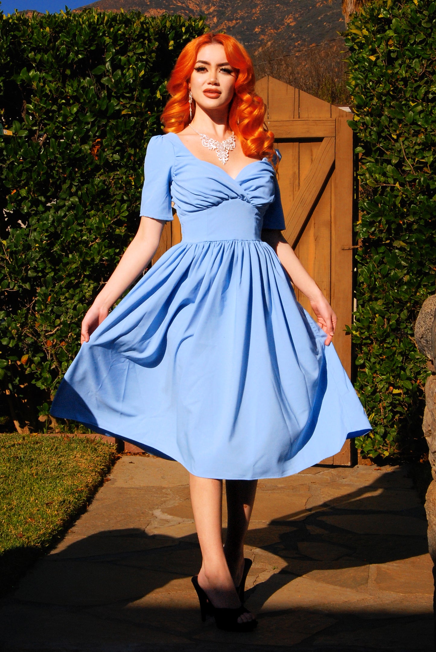 Final Sale - Paige Swing Dress in Chambray Poly Crepe | Pinup Couture