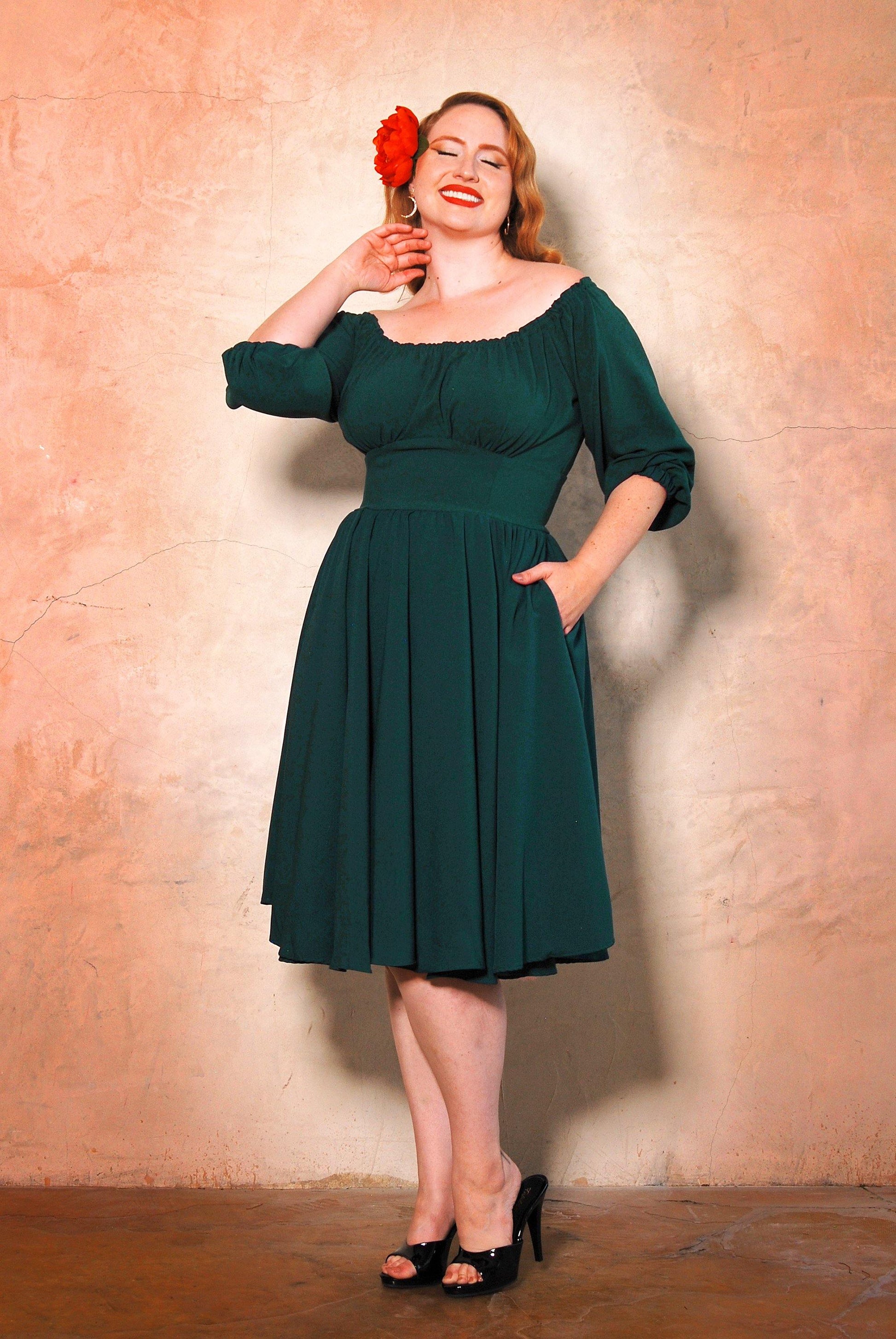 Marie-Thérèse Peasant Dress in Spruce Poly Crepe | Pinup Couture - pinupgirlclothing.com