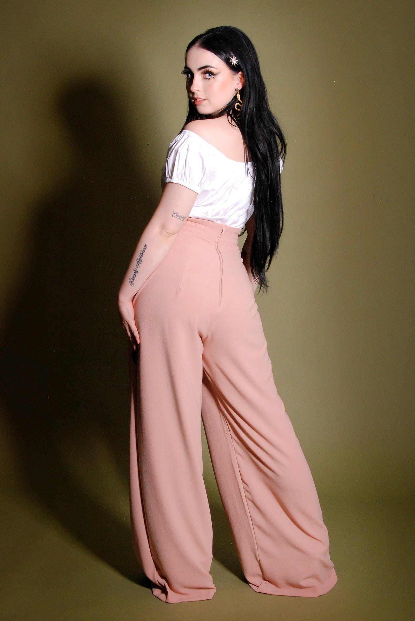 Dietrich Vintage Wide Leg Palazzo Pants in Light Rose Crepe 32" Inseam | Laura Byrnes Design - pinupgirlclothing.com