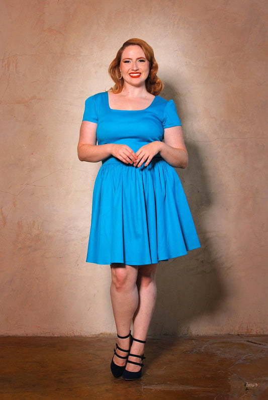 Lara Dress in Bright Blue Cotton Sateen  | Laura Byrnes Design - pinupgirlclothing.com