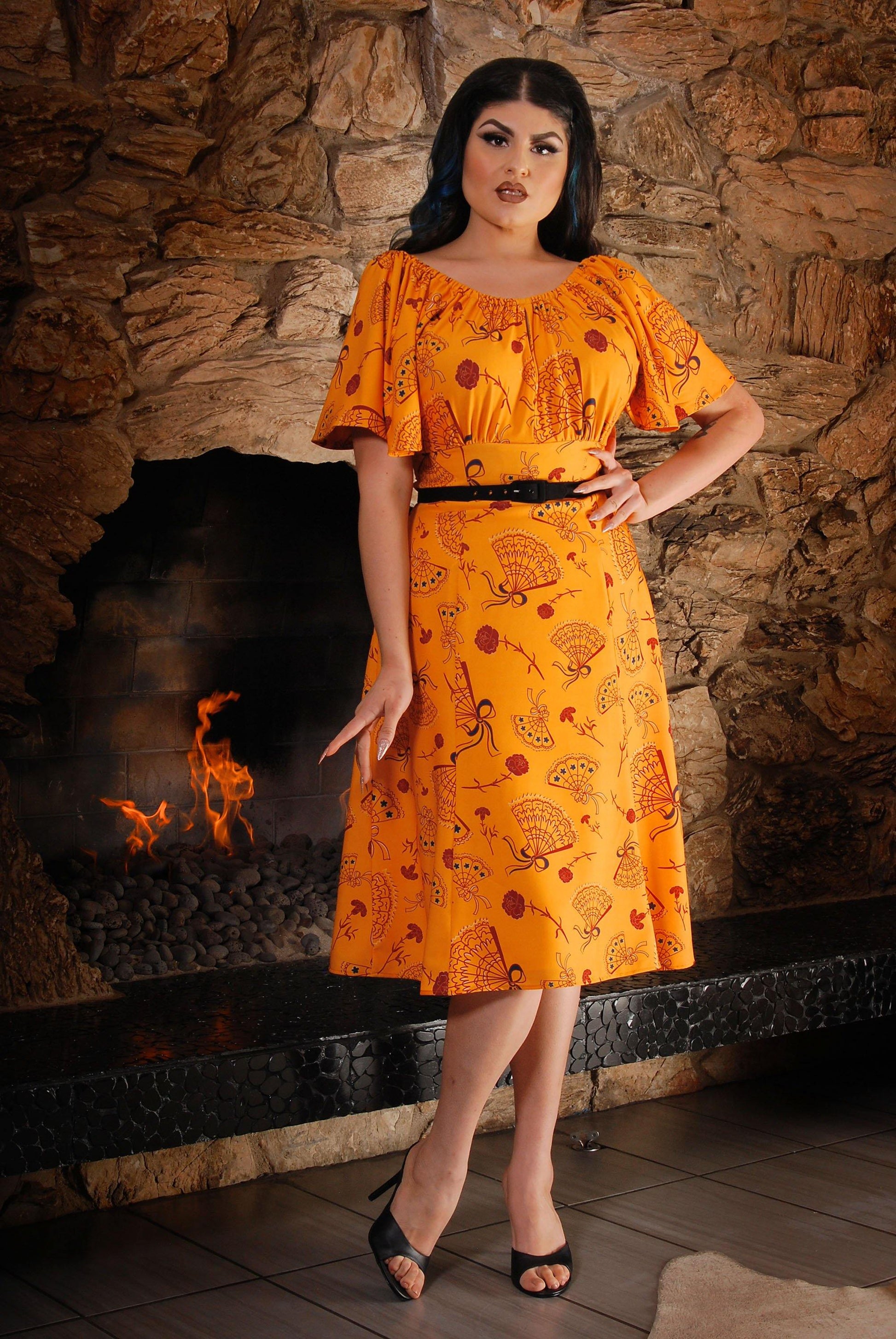 Butterfly Dress in Mustard Spanish Fans | Laura Byrnes & Hope Morrison - pinupgirlclothing.com