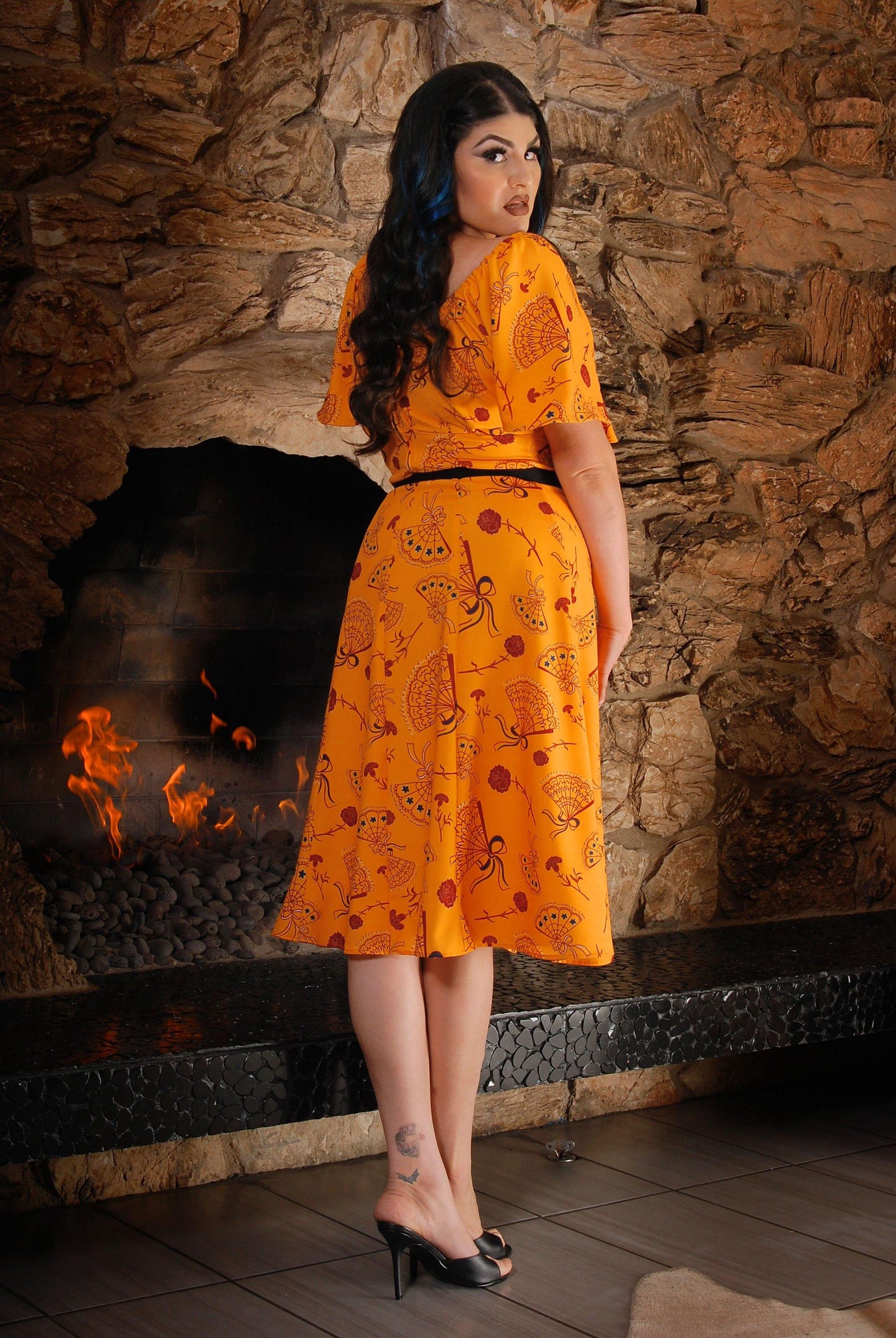 Butterfly Dress in Mustard Spanish Fans | Laura Byrnes & Hope Morrison - pinupgirlclothing.com