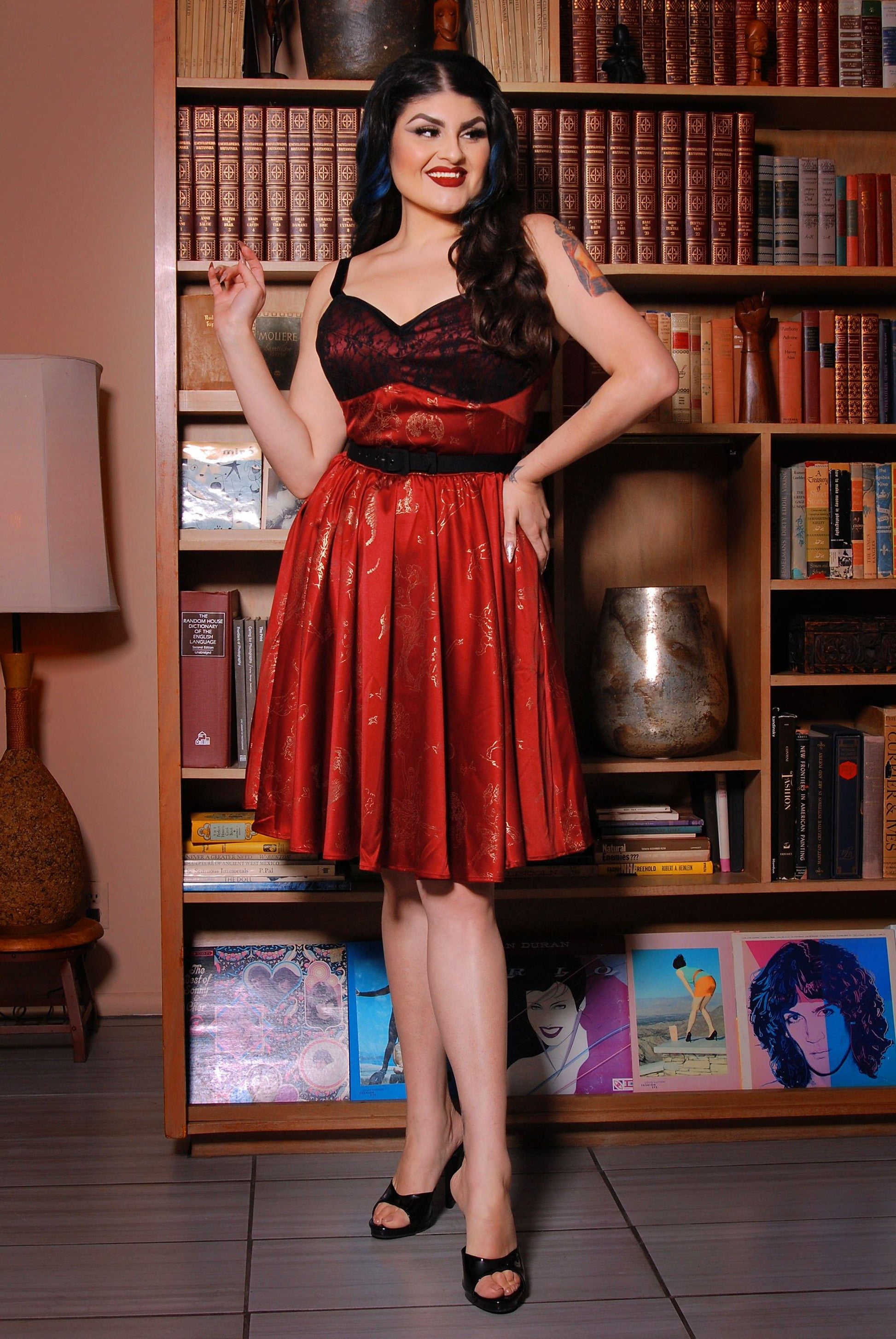 Final Sale - Courtney Vintage Swing Dress in Burgundy & Gold Witchy Toile Satin | Pinup Couture - pinupgirlclothing.com