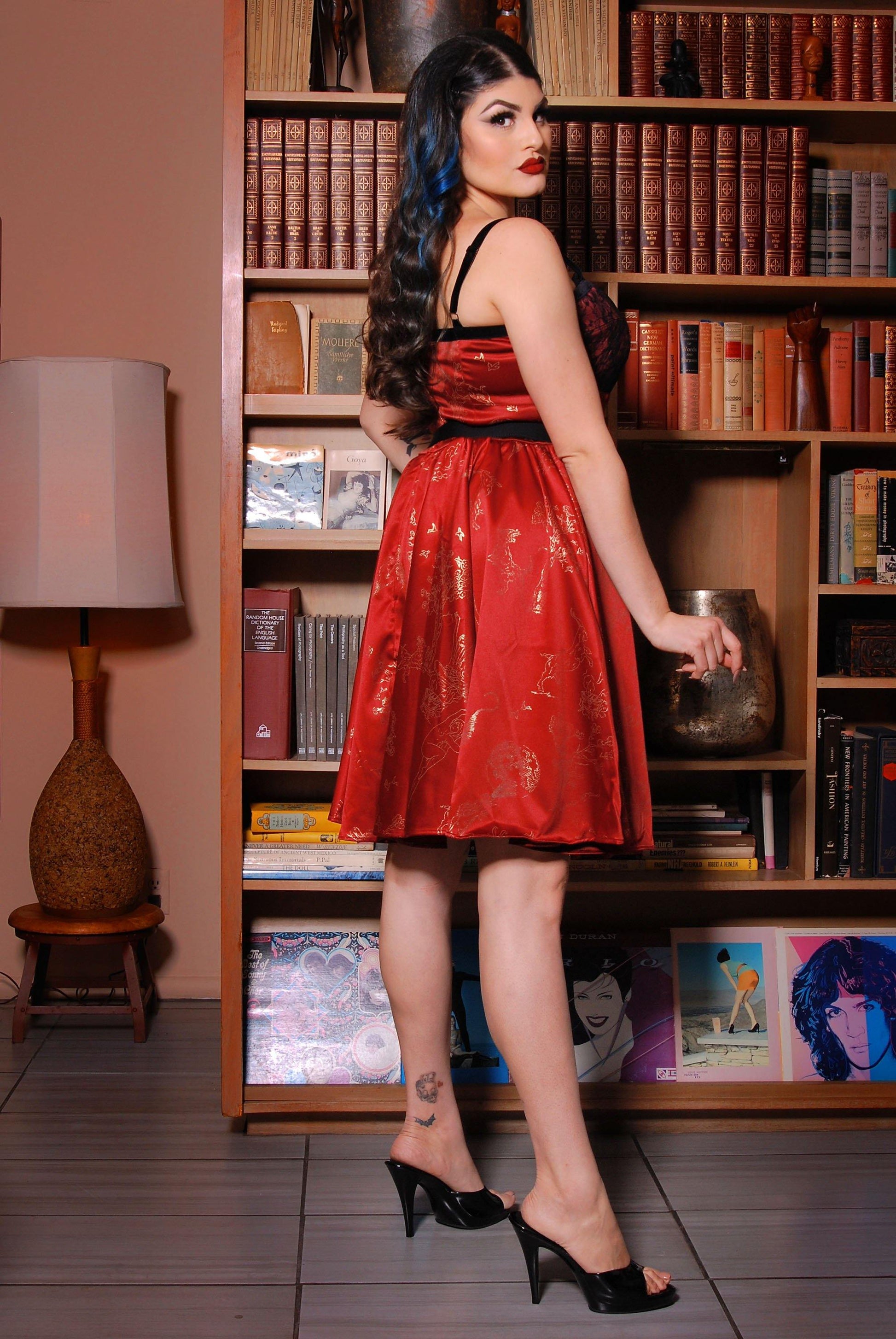 Final Sale - Courtney Vintage Swing Dress in Burgundy & Gold Witchy Toile Satin | Pinup Couture - pinupgirlclothing.com