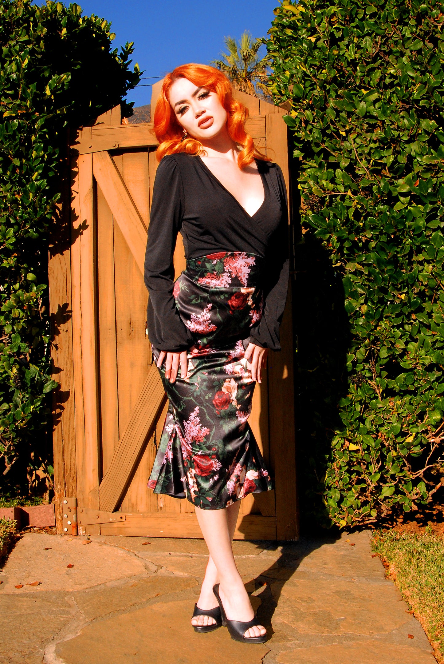 Final Sale - Yvonne Skirt in Dark Bella Roses Satin | Laura Byrnes Design