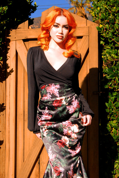 Final Sale - Yvonne Skirt in Dark Bella Roses Satin | Laura Byrnes Design