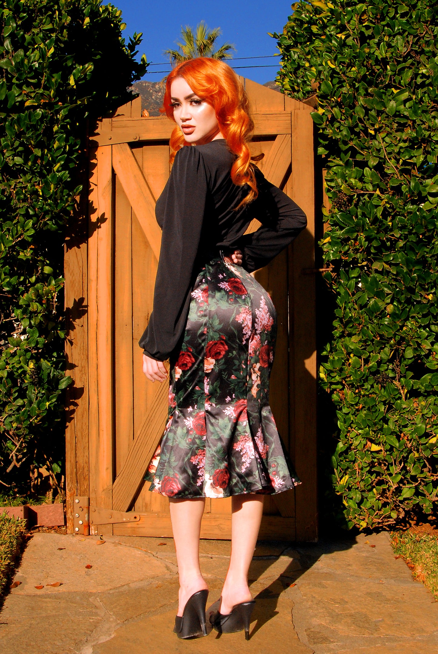 Final Sale - Yvonne Skirt in Dark Bella Roses Satin | Laura Byrnes Design