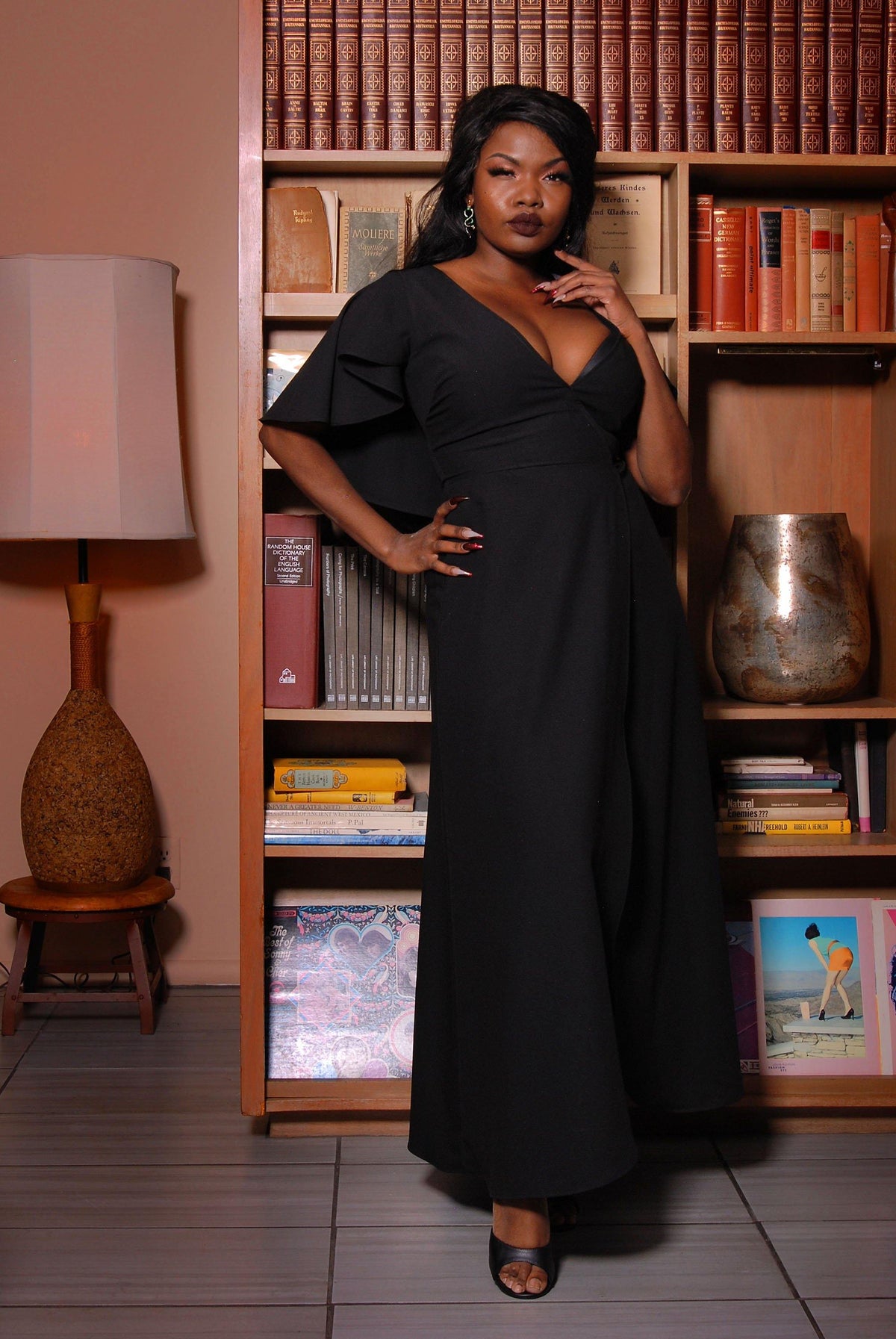 Ashley 70s Faux Wrap Maxi Dress with Cape Sleeves in Black Poly Crepe | Laura Byrnes - pinupgirlclothing.com