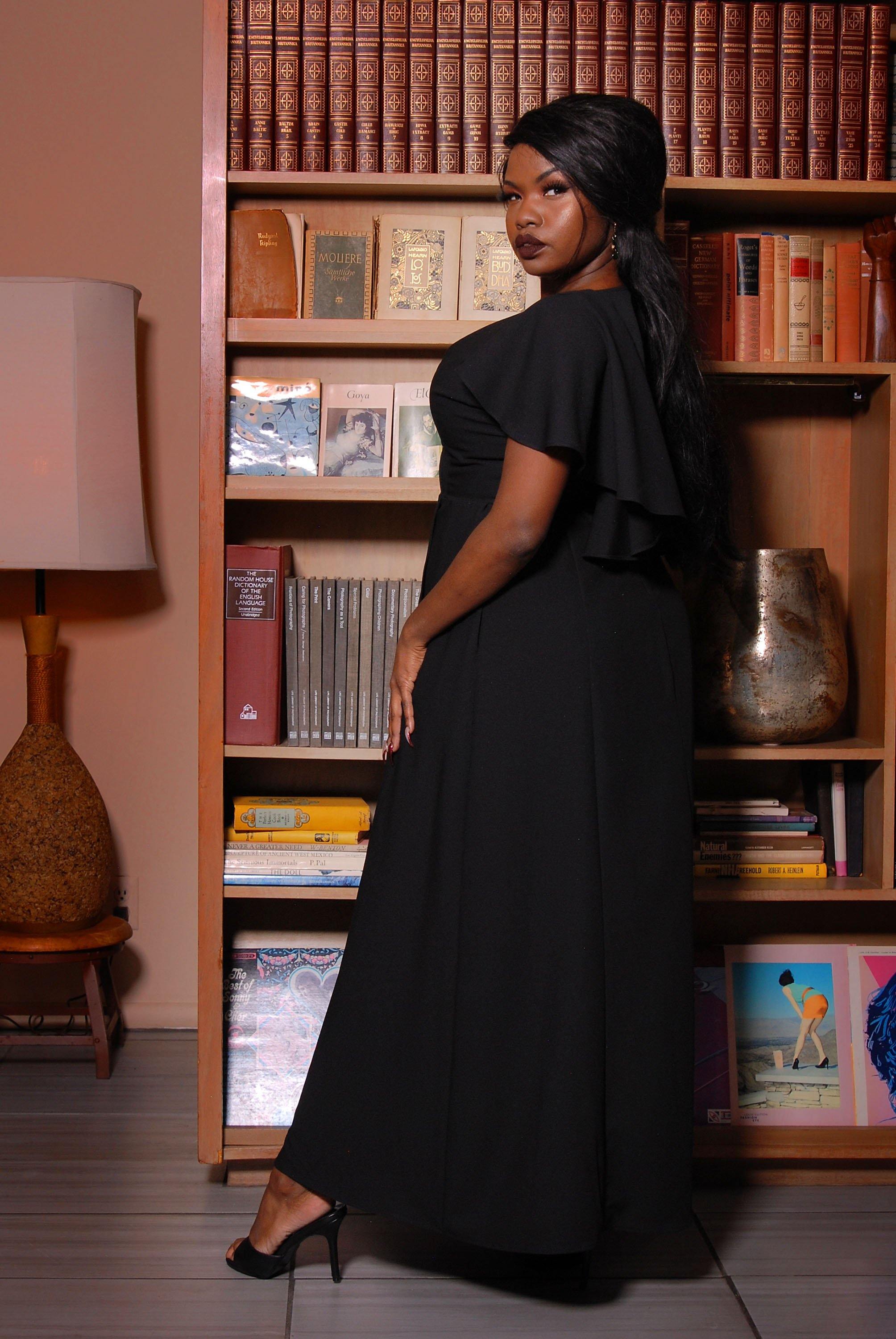 Ashley 70s Faux Wrap Maxi Dress with Cape Sleeves in Black Poly Crepe | Laura Byrnes - pinupgirlclothing.com