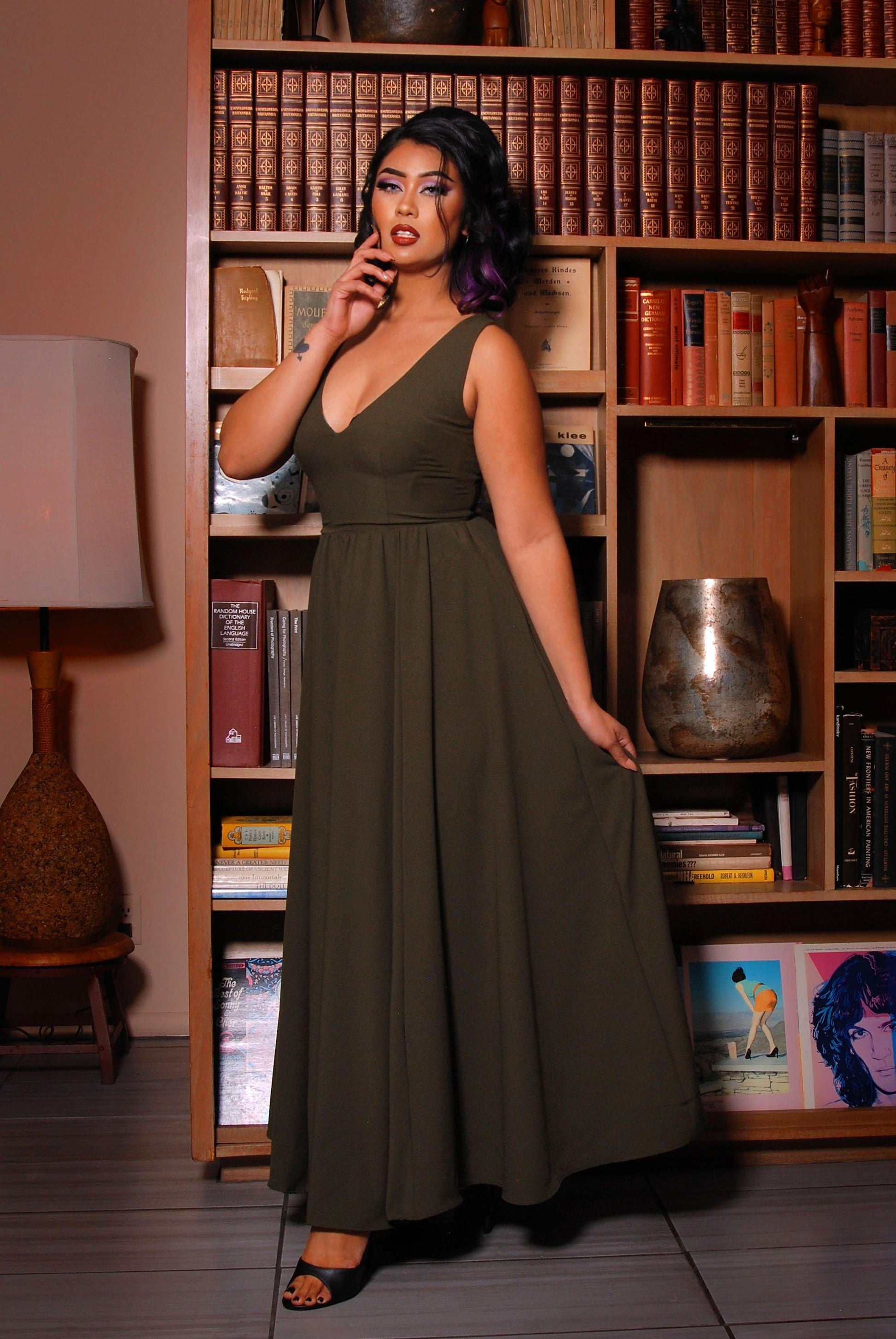 Tara Deep V-Neck 70s Maxi Dress in Solid Olive Stretch Crepe | Laura Byrnes - XS Tara Deep V-Neck 70s Maxi Dress in Solid Olive Stretch Crepe | Laura Byrnes - XS