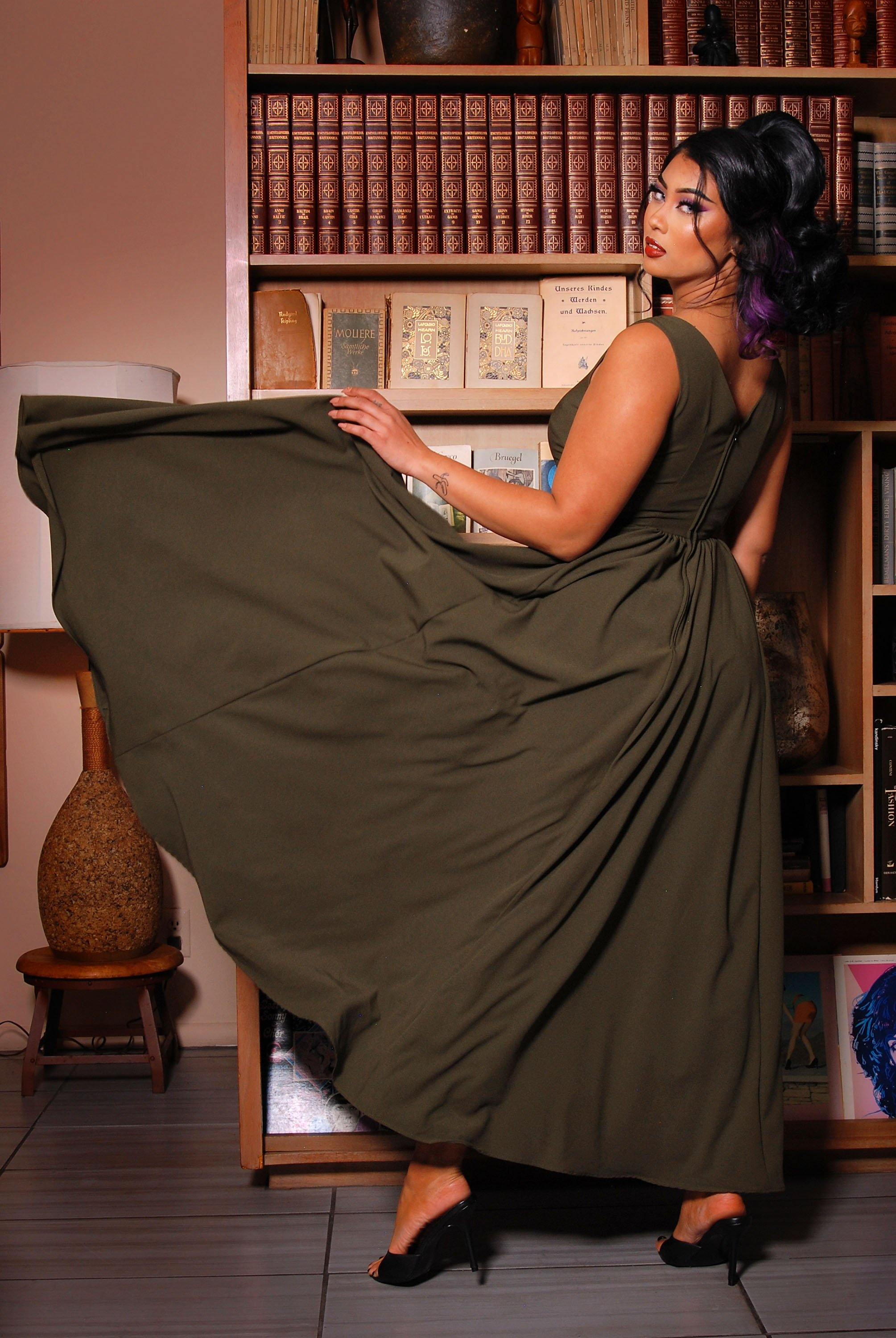 Final Sale - Tara Deep V-Neck 70s Maxi Dress in Solid Olive Stretch Crepe |  Laura Byrnes
